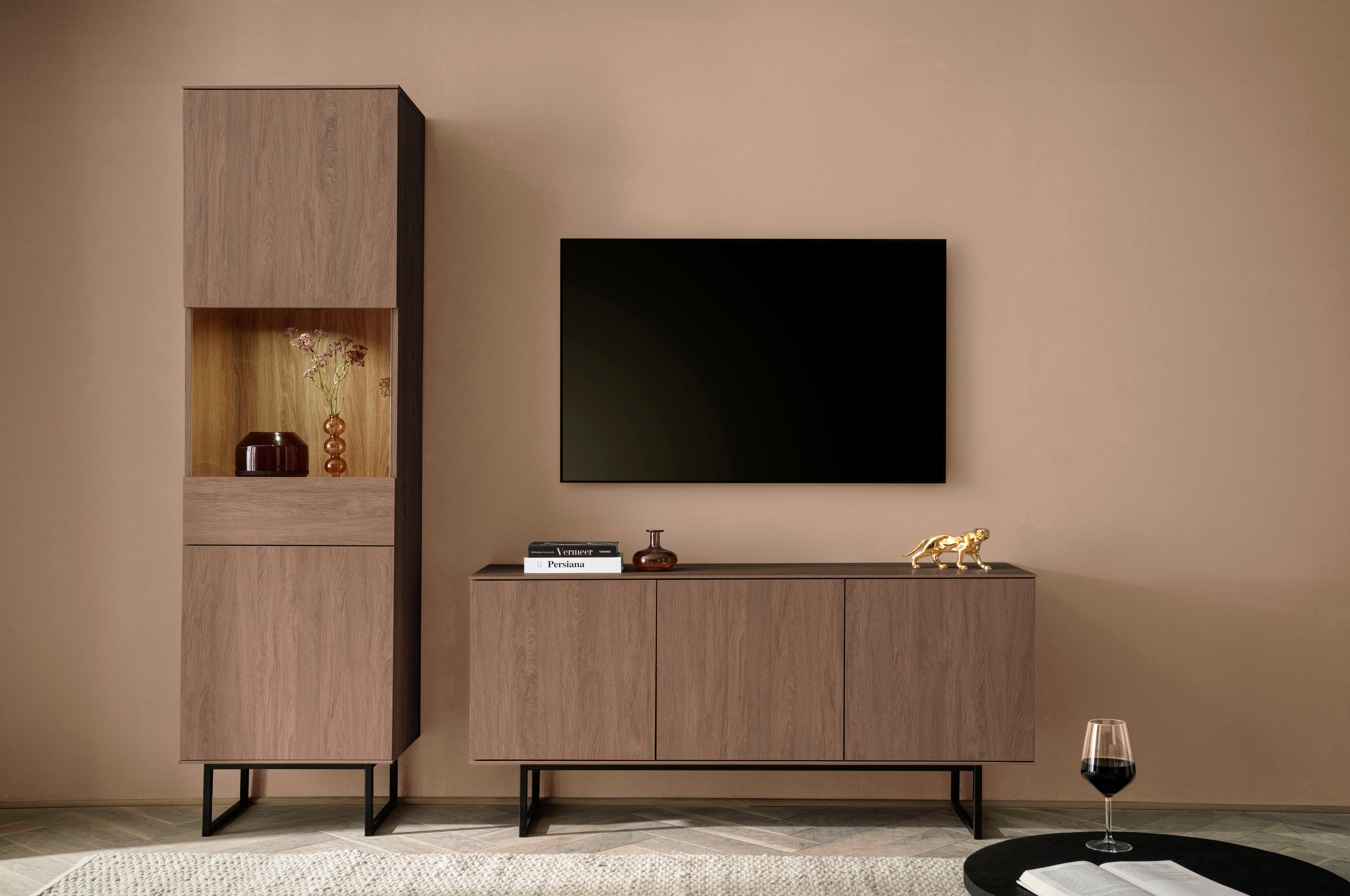 Home affaire Wohnzimmer-Set Lund, moderne Anbauwand, Wohnzimmer-Set in Stone Oak oder Nussbaum, (2-St), enthält Vitrine und Lowboard