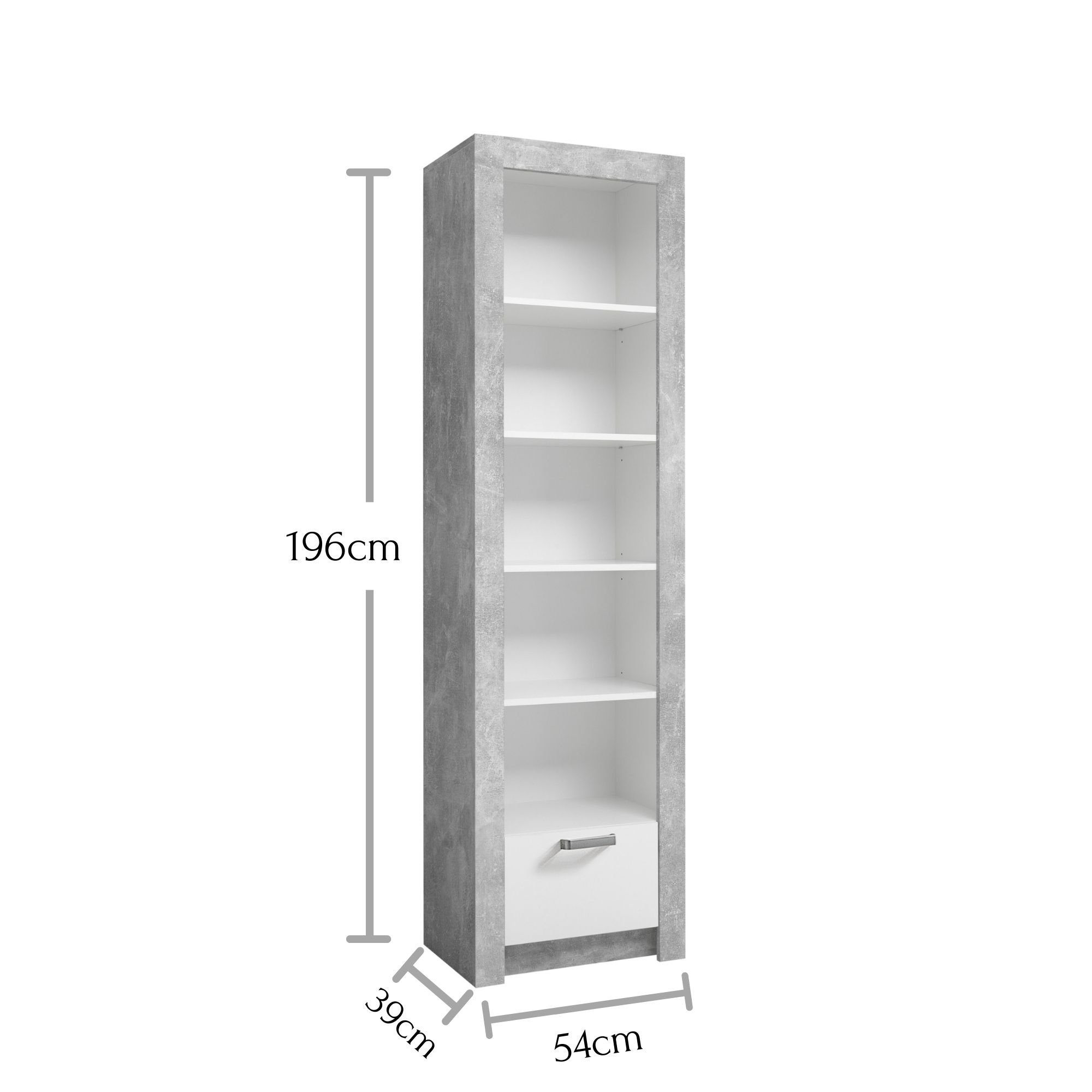 Stauraum (B/H/T) in 39 x Standregal - möbelando Babyzimmer weiß x & 196 Regal Elegantes 54 ausdrucksstarkes Beton-Optik, Timo, mit Regal cm viel - stilvolles