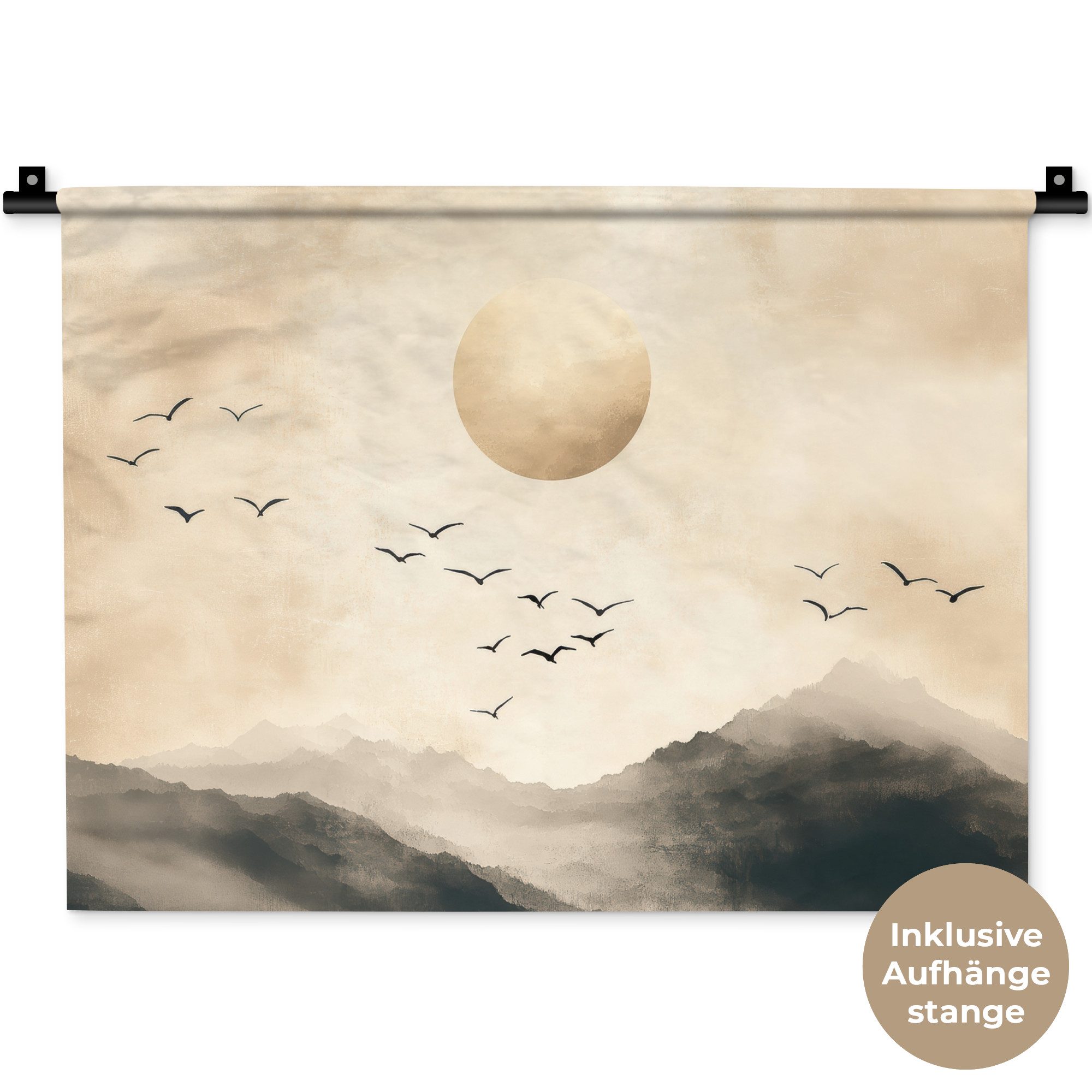 MuchoWow Wandteppich Landschaft - Japandi - Vogel, Rechteckig, Höhe: 3 mm, Wanddeko Teppich Wohnzimmer, Schlafzimmer, 60x45 cm