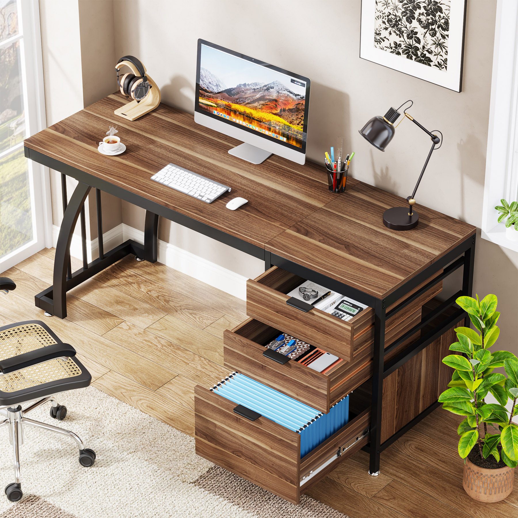 Tribesigns Computertisch mit 3 Schubladen, Home Office Schreibtische mit Schubladenschrank