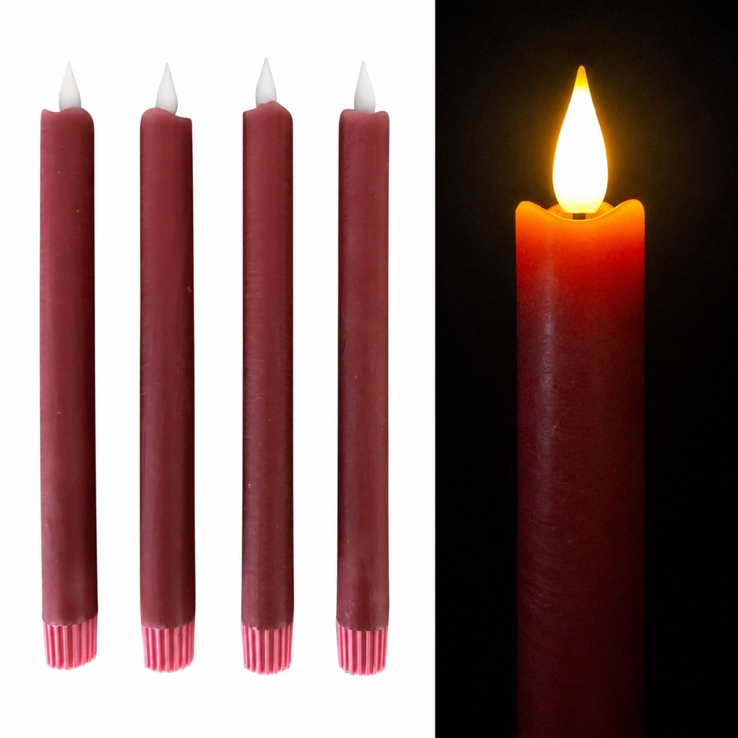 Online-Fuchs LED-Kerze 4 LED Stabkerzen aus Echtwachs mit 6-Stunden Timer - 478042 (Weiß, Creme, Rot, Grün, Lila & Altrosa, Long Shine Funktion), realistische Kerzenflamme mit Docht und einem Wellenrand
