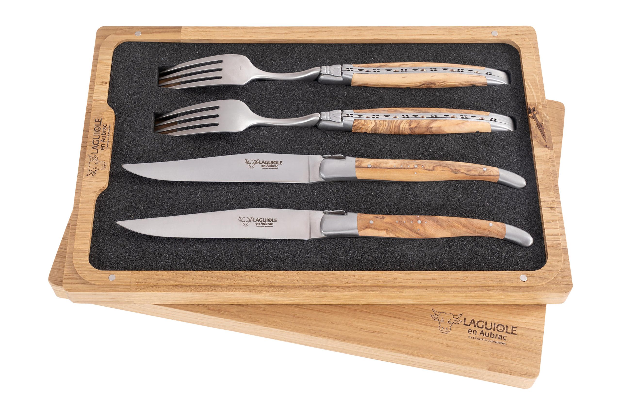 Laguiole en Aubrac Steakmesser Besteck (4 Stück), Olivenholz, matte Klingen