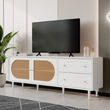 WISHDOR TV-Schrank Fernsehtisch, TV-Board (mit 2 Schubladen und 4 Fächern, mit Polyrattan-Geflechten Türen) für Ihre Rattandesign