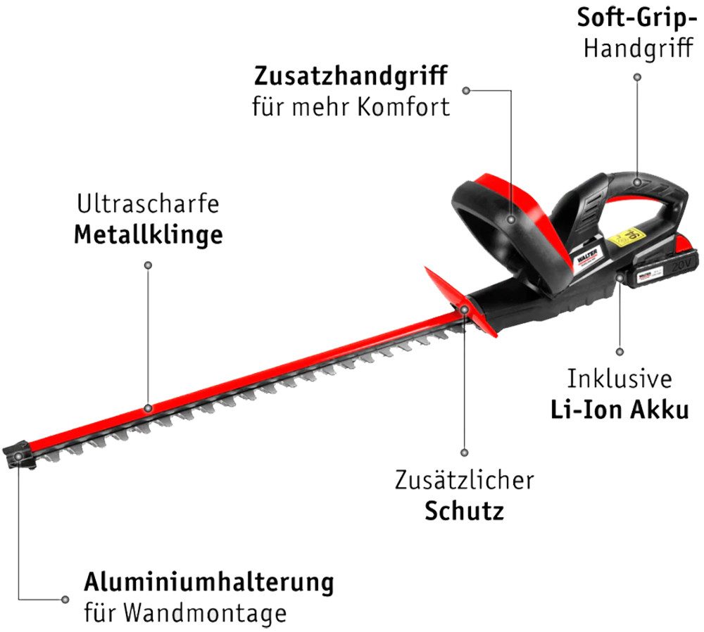 WALTER Akku-Heckenschere 20V Akku Heckenschere inkl. 2Ah Akku und Ladegerät, Schnittlänge: 45 cm