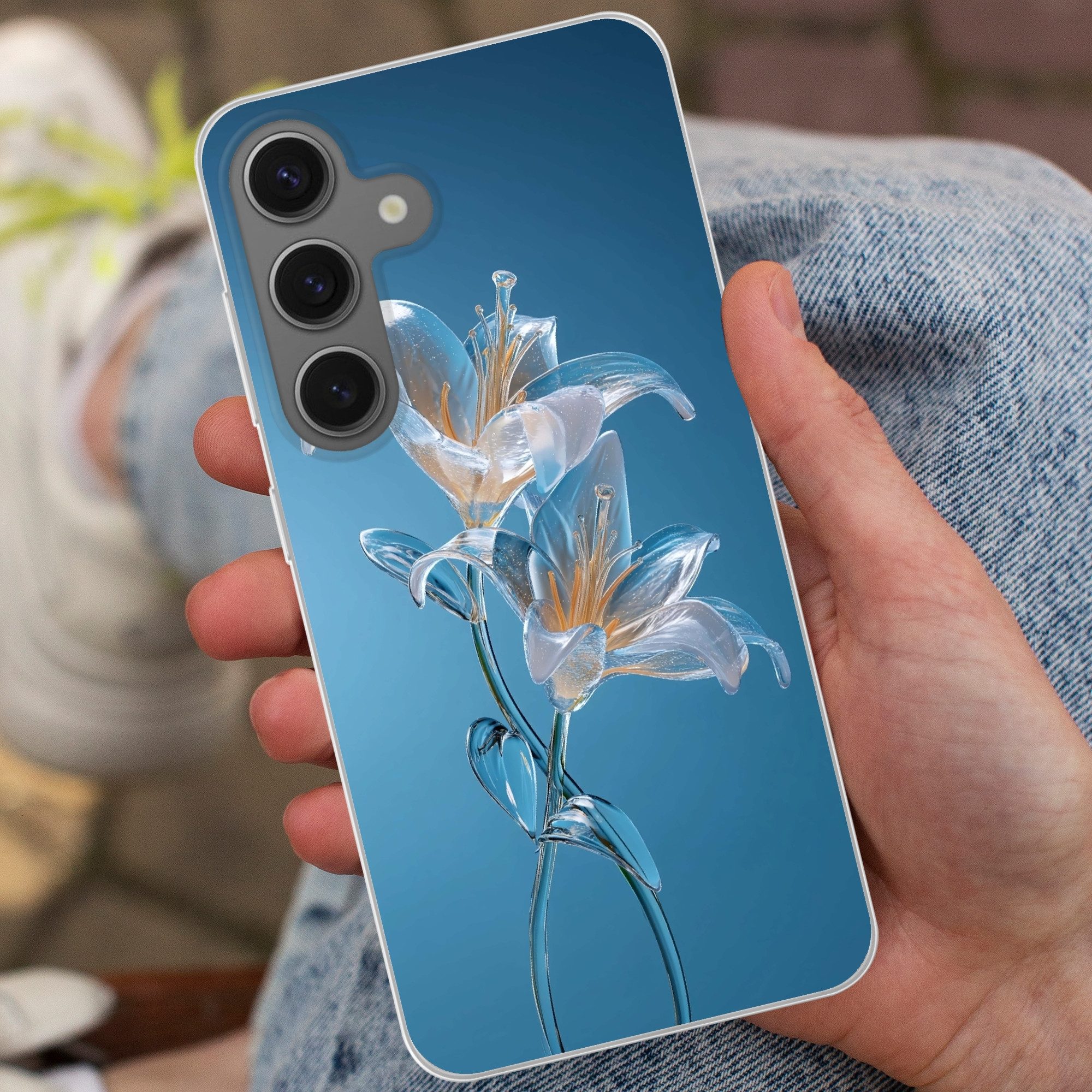 MuchoWow Handyhülle für Samsung Galaxy S25 Lilien - Blau - Gläser, Phone Case, Silikon, Schutzhülle Dünn