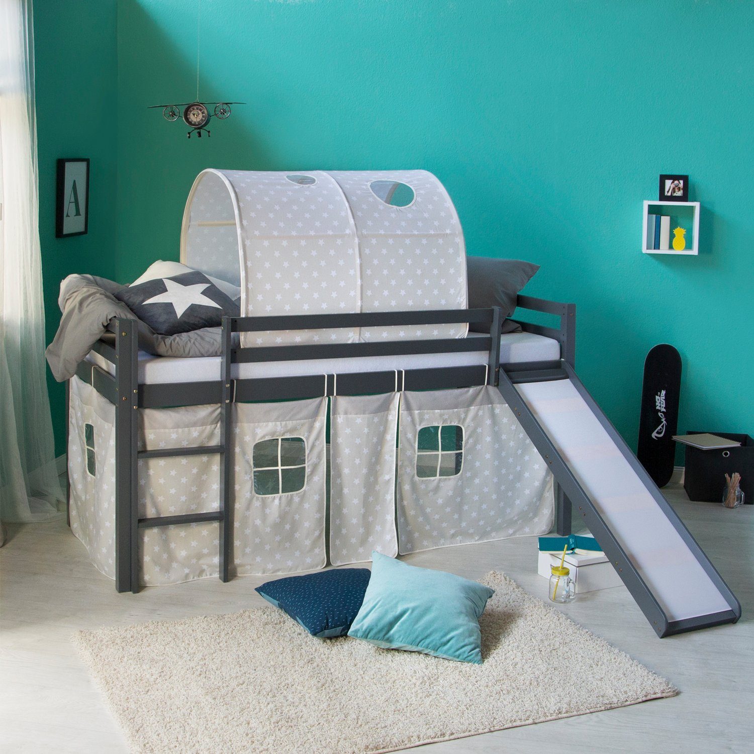 Homestyle4u Hochbett 90x200 mit Vorhang Rutsche und Tunnel in Grau Sterne 1 günstig online kaufen