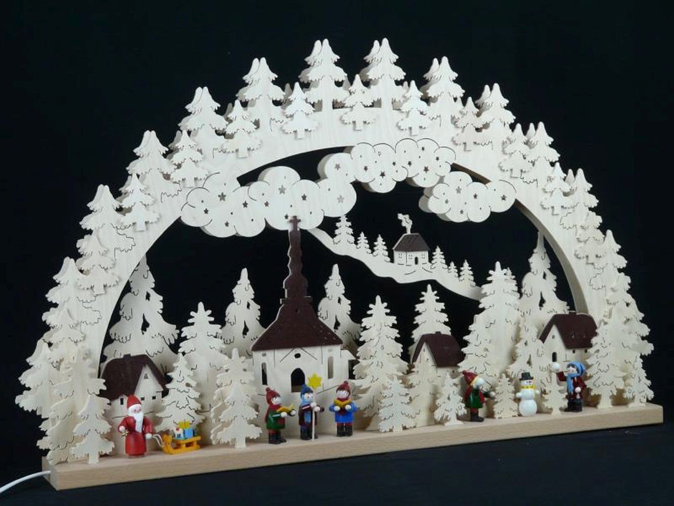 Schwibbogen Erzgebirge – Mit Seiffener Kirche & Waldtieren, Beleuchtet, 72x10 Cm, 220V, Holz Laubsäge-Optik