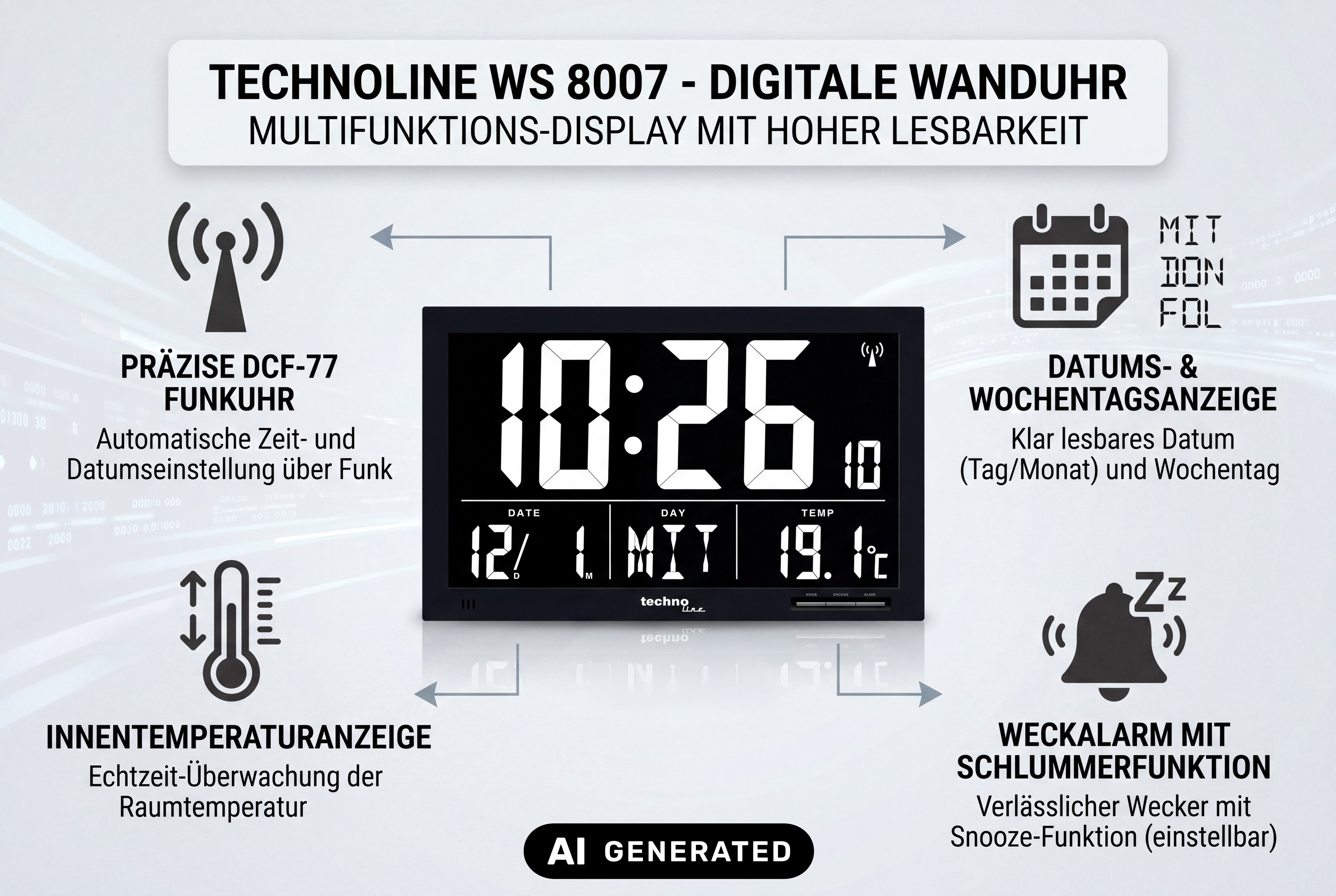 technoline Funkwanduhr WS 8007 (mit Jumbo-LCD-Anzeige)