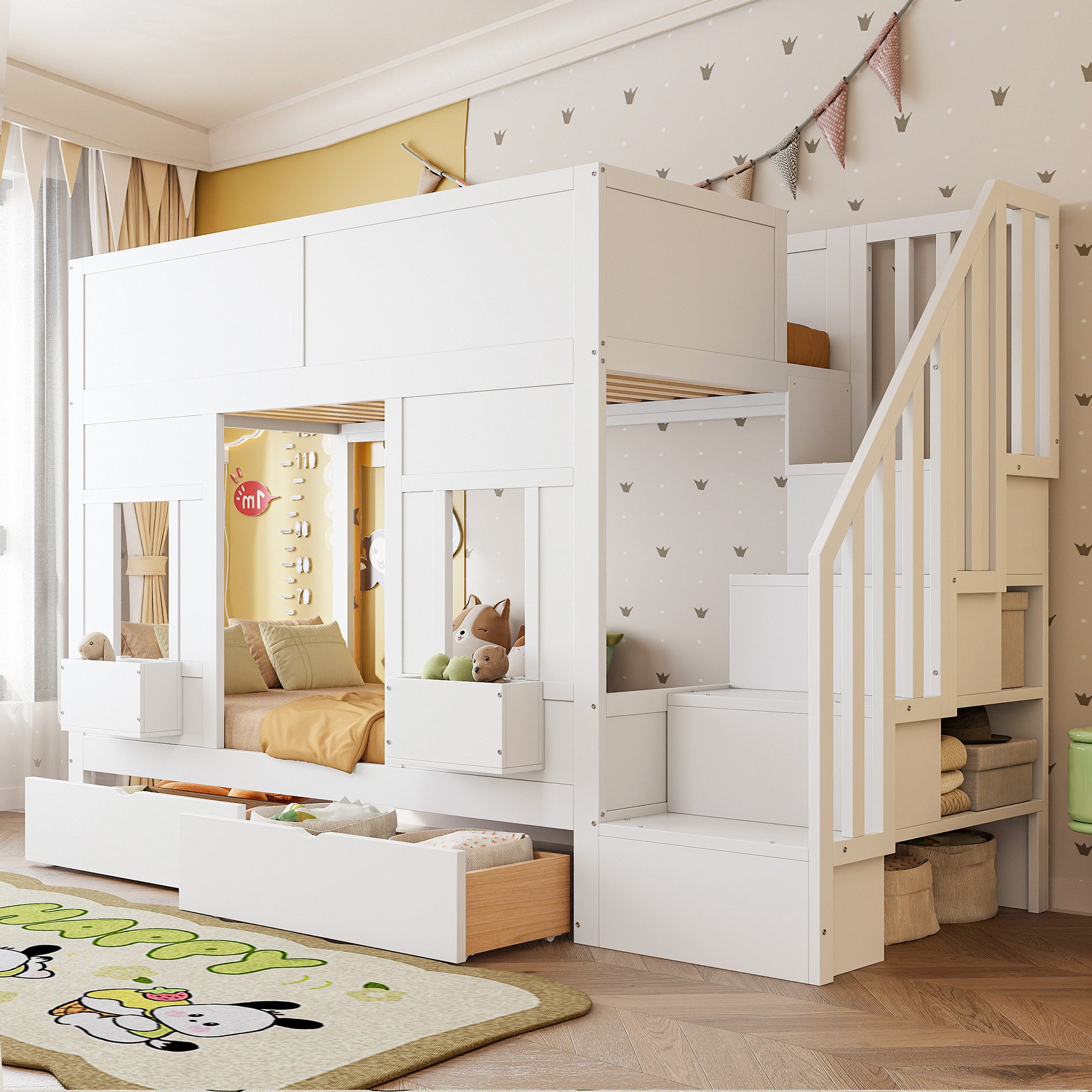 Flieks Etagenbett, Kinderbett 90x200cm mit Fenstern, 2 Schubladen und Stauraumtreppe