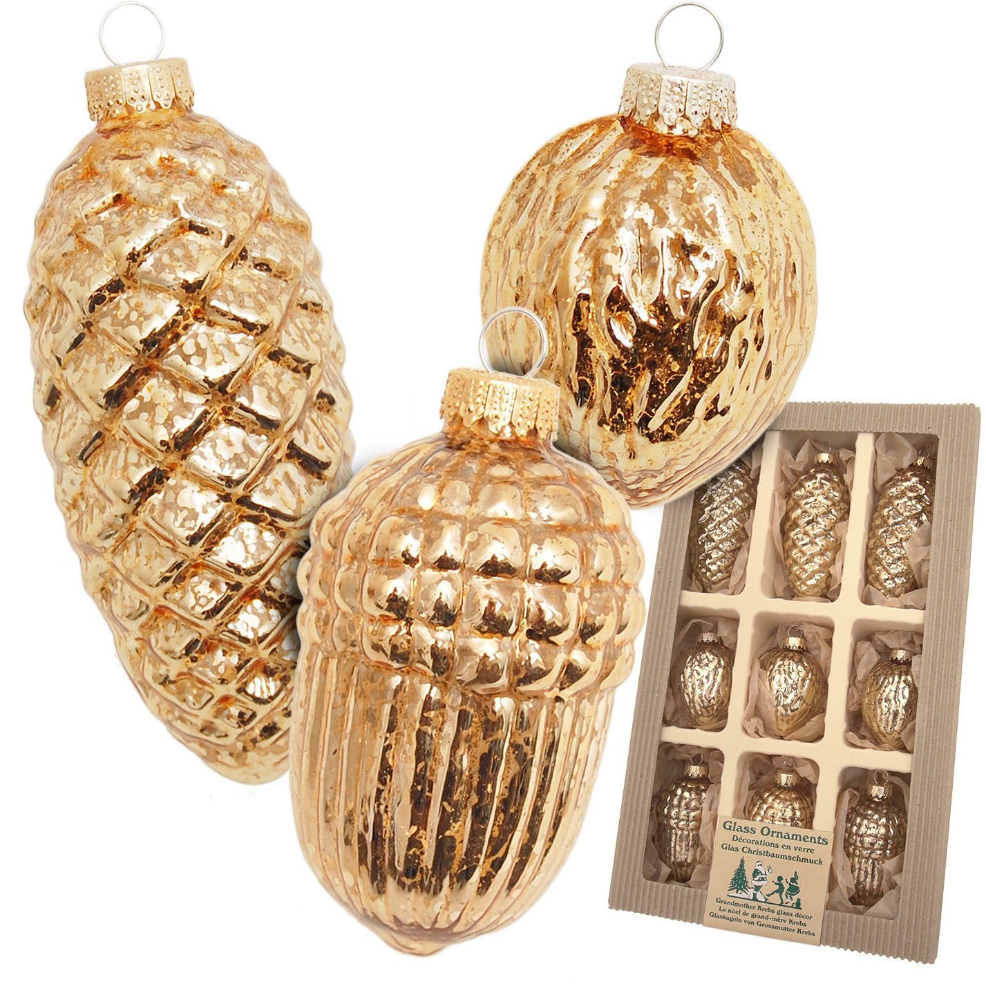 Krebs Glas Lauscha Christbaumschmuck Antikes Glas Nüsse & Zapfen (9-tlg), Christbaumschmuck aus Glas, mundgeblasen, handgefertigt, Zapfen
