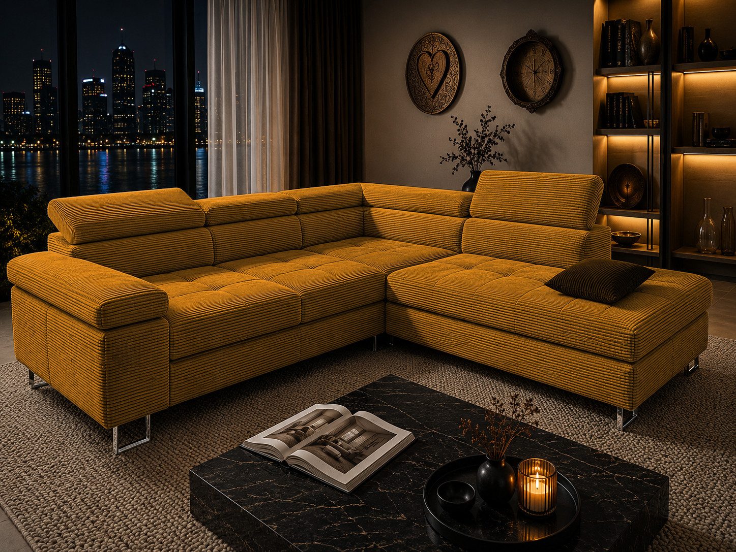 Goldstoff Ecksofa mit Schlaffunktion, Cord Couch für Wohnzimmer - Cord Ecksofa, Cord Sofa VOYAGE 2 Teile, Großer Bettkasten