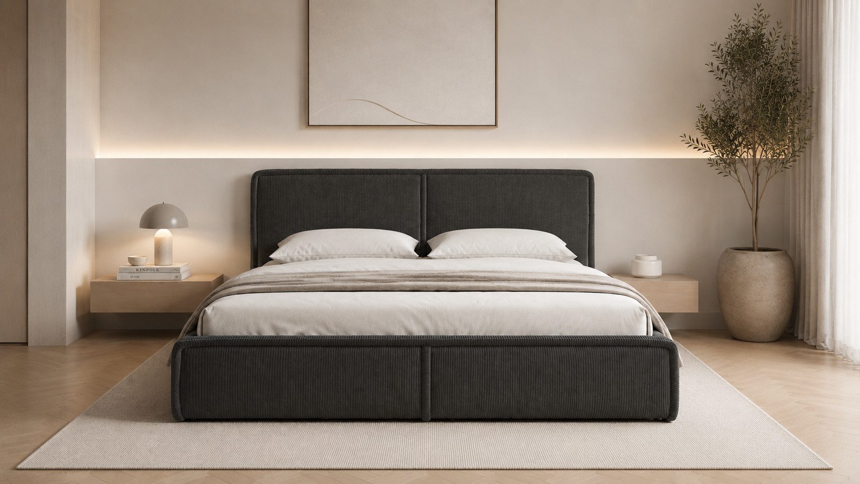 MOEBLO Polsterbett BETT 04 (Bezug: aus Cord, Doppelbett mit Kopfstütze, Rahmenbettgestell 180x200, mit Bettkasten und Lattenrost), mit Bettkasten