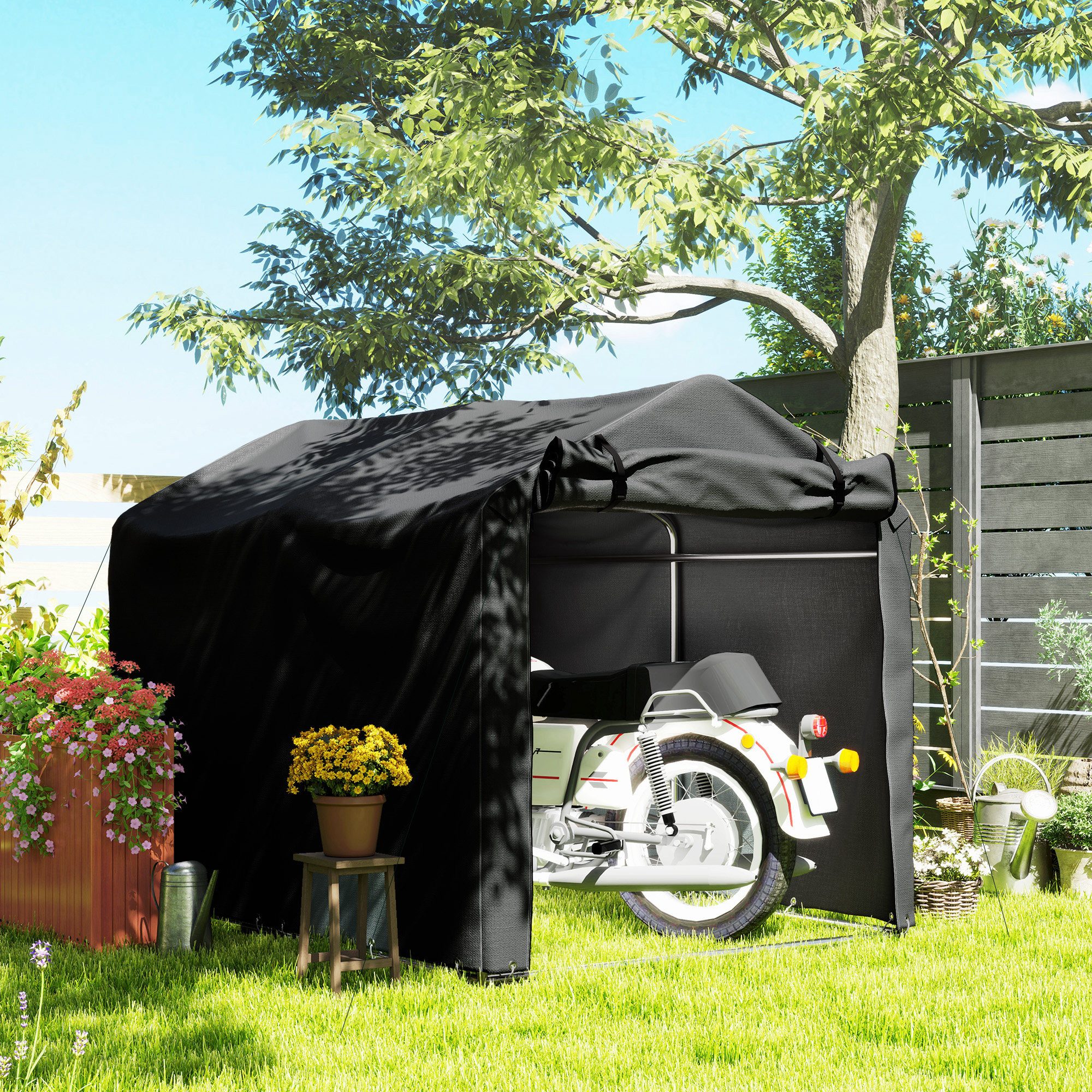 Outsunny Gerätezelt mit Rolltür, Personen: 3 (UV-beständig Fahrradabdeckung, 1 tlg., wasserdicht Zeltgarage), für Terrasse, Garten, 220 x 157 x 165 cm Schwarz