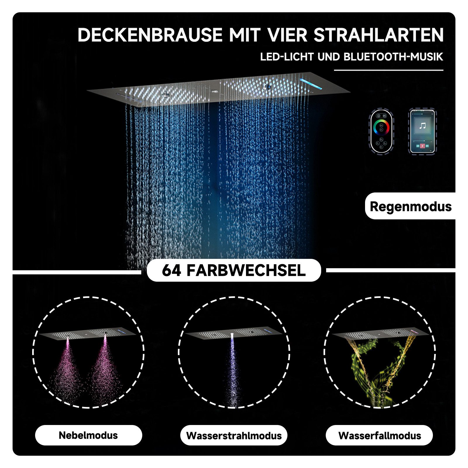 Oihpaw Duschsystem 900 x 300 mm 4 Funktions LED Musik Duschkopf, Ganzkörper Duschsystem, 4 Strahlart(en), Thermostatisches Duschventil mit 6 Funktionen