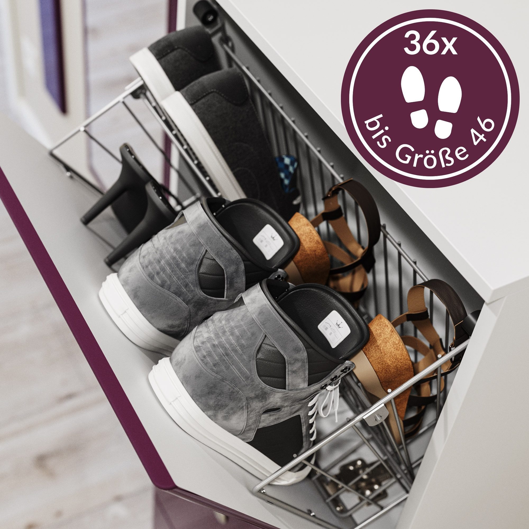 Magnolia Home Schuhschrank Schuhschrank XL Emotion 9 Klappen 36 Paar 157x141 cm Weiss-Brombeer