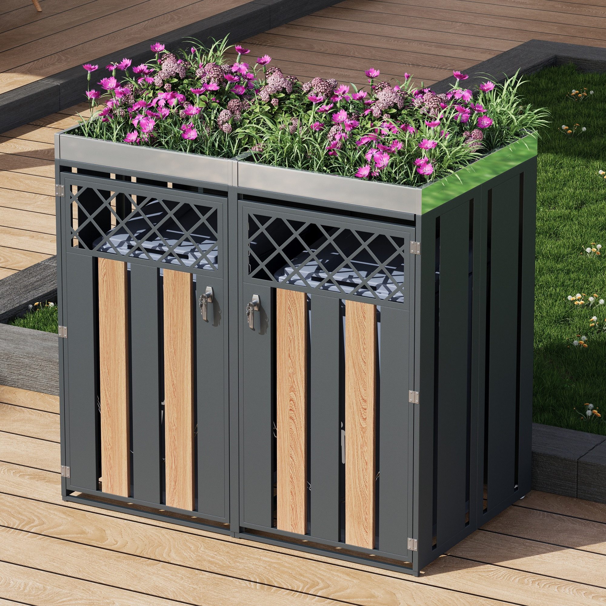 Celya Mülltonnenbox Abschließbar Müllcontainer mit Belüftungslöchern (1 Set, trash storage compartments, Zwei Türen,Pflanzfläche), Mülltonnenbox,mit rautenförmigen Belüftungslöchern, Abschließbar