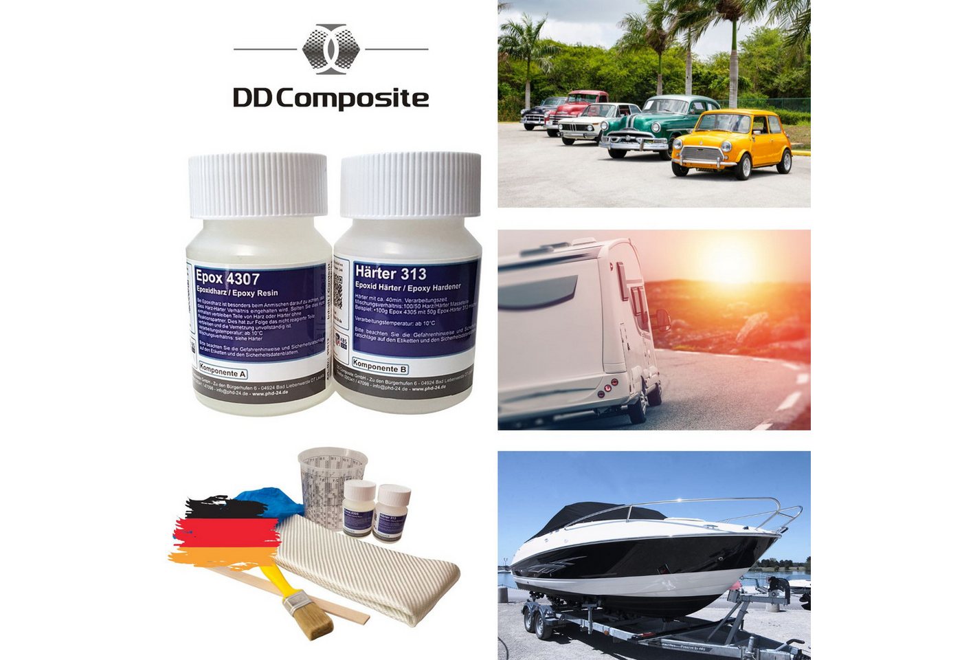 Thumbnail - DD Composite Reparatur-Set kleines Epoxi Reparaturset, Epoxidharz-Set, 7-St., Epoxidharz Härter Glasgewebe Mischbecher R...
