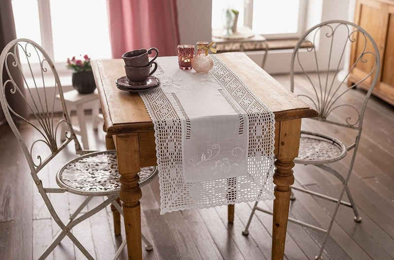 Frank Flechtwaren Tischläufer 621001 Rosenstickerei (1-tlg), romantisch bestickt Häkelkante weiß 40x140 cm