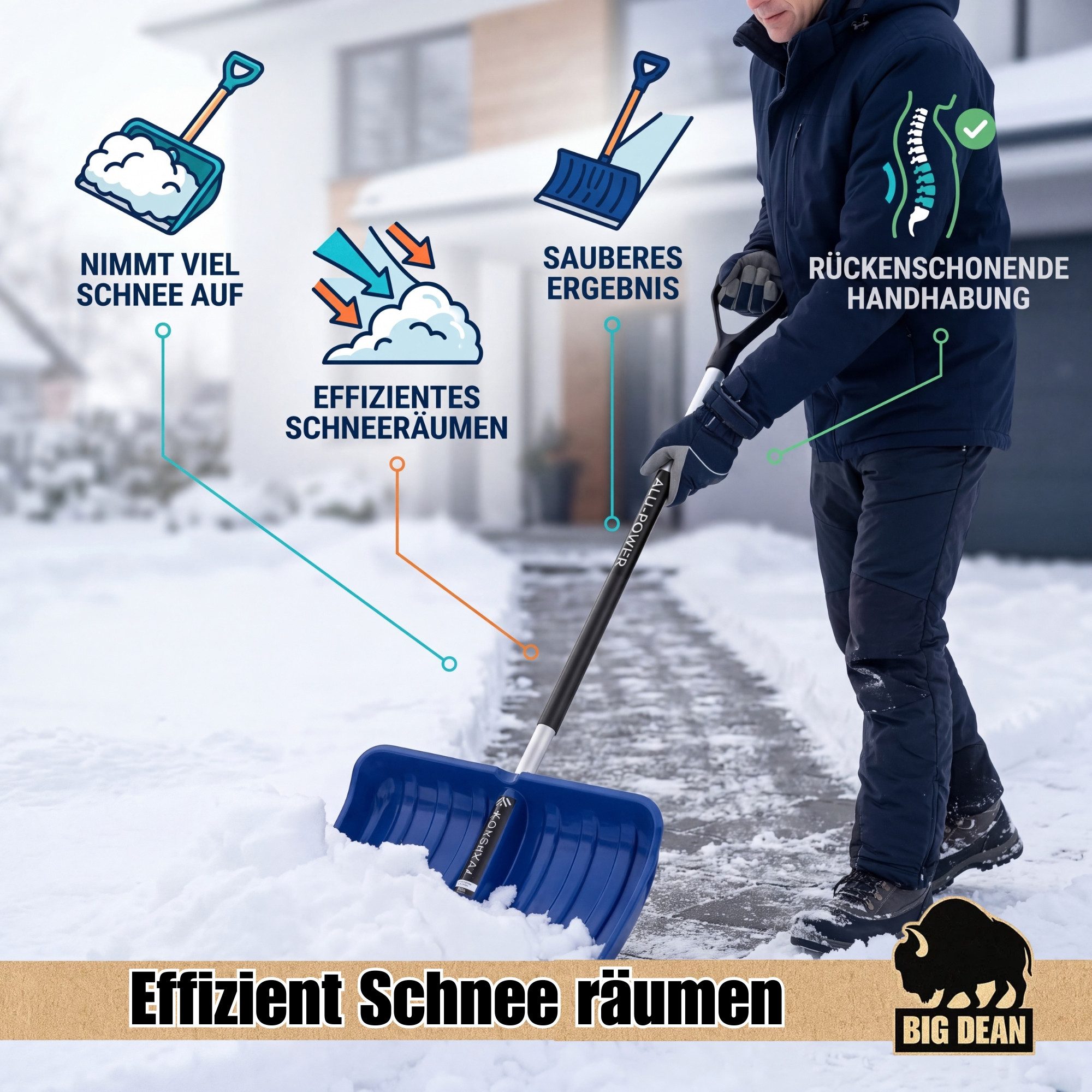 BigDean Schneeschieber groß Profi Schneeschaufel mit Alustiel, 55 cm Arbeitsbreite, Alustiel Metallkante D-Griff – Bild 5 von 5