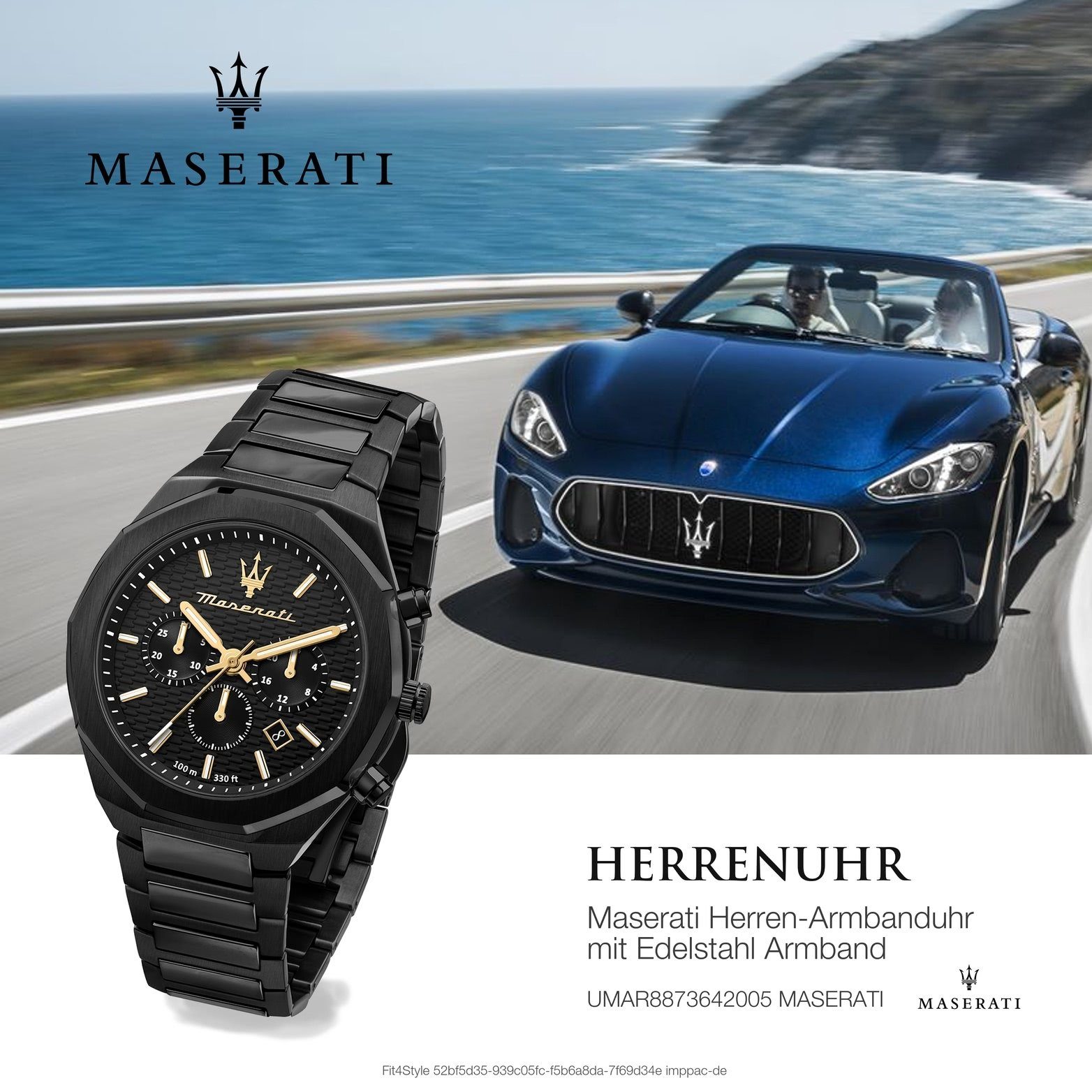 Edelstahlarmband, rundes (ca. MASERATI groß schwarz Maserati Armband-Uhr, 45mm) Gehäuse, Chronograph Herrenuhr Edelstahl