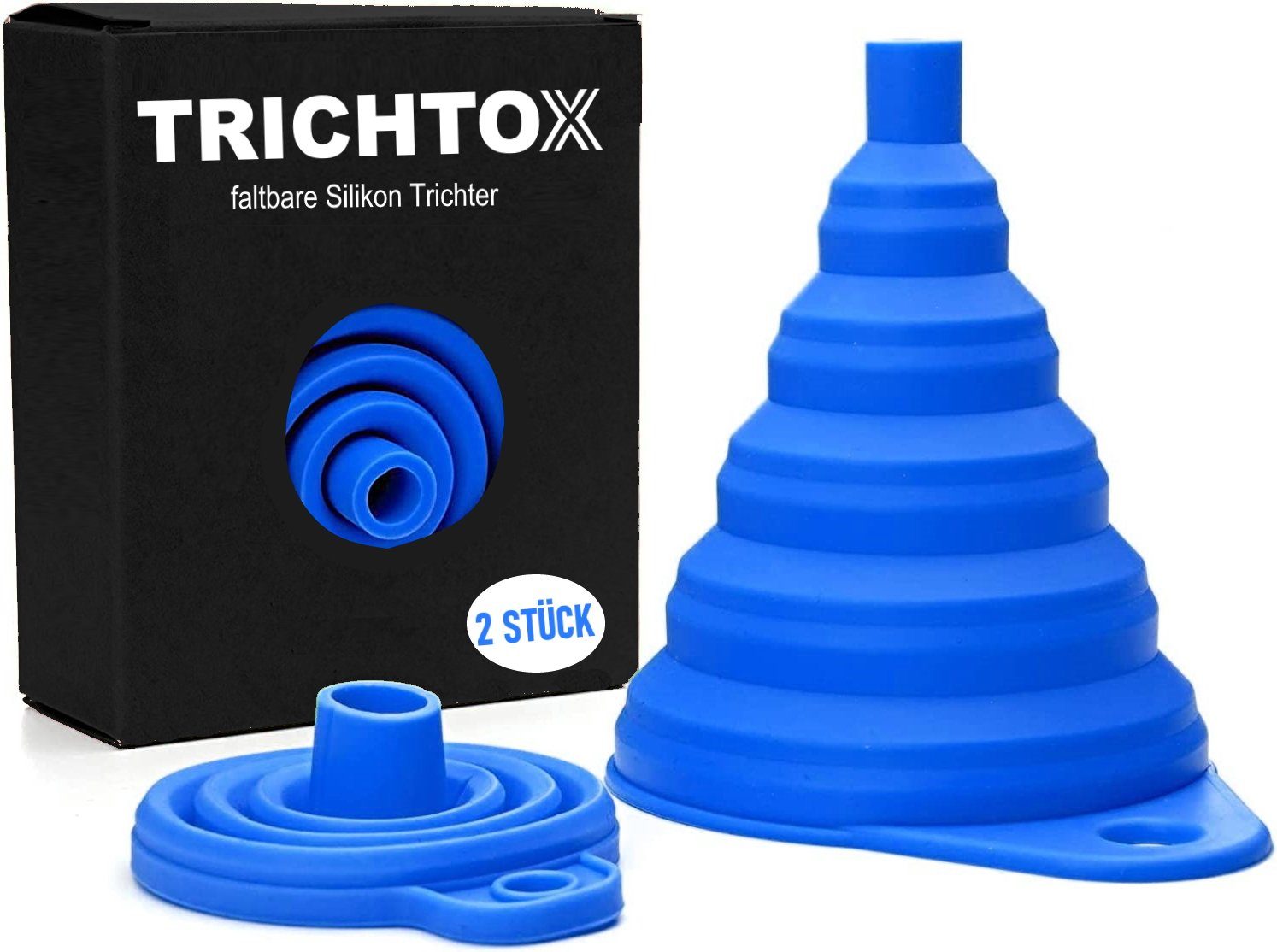 MAVURA Trichter TRICHTOX Faltbare Mini Silikon Einfüllhilfe Falttrichter  Klapptrichter Einfülltrichter Flaschentrichter faltbar blau [2er Set]