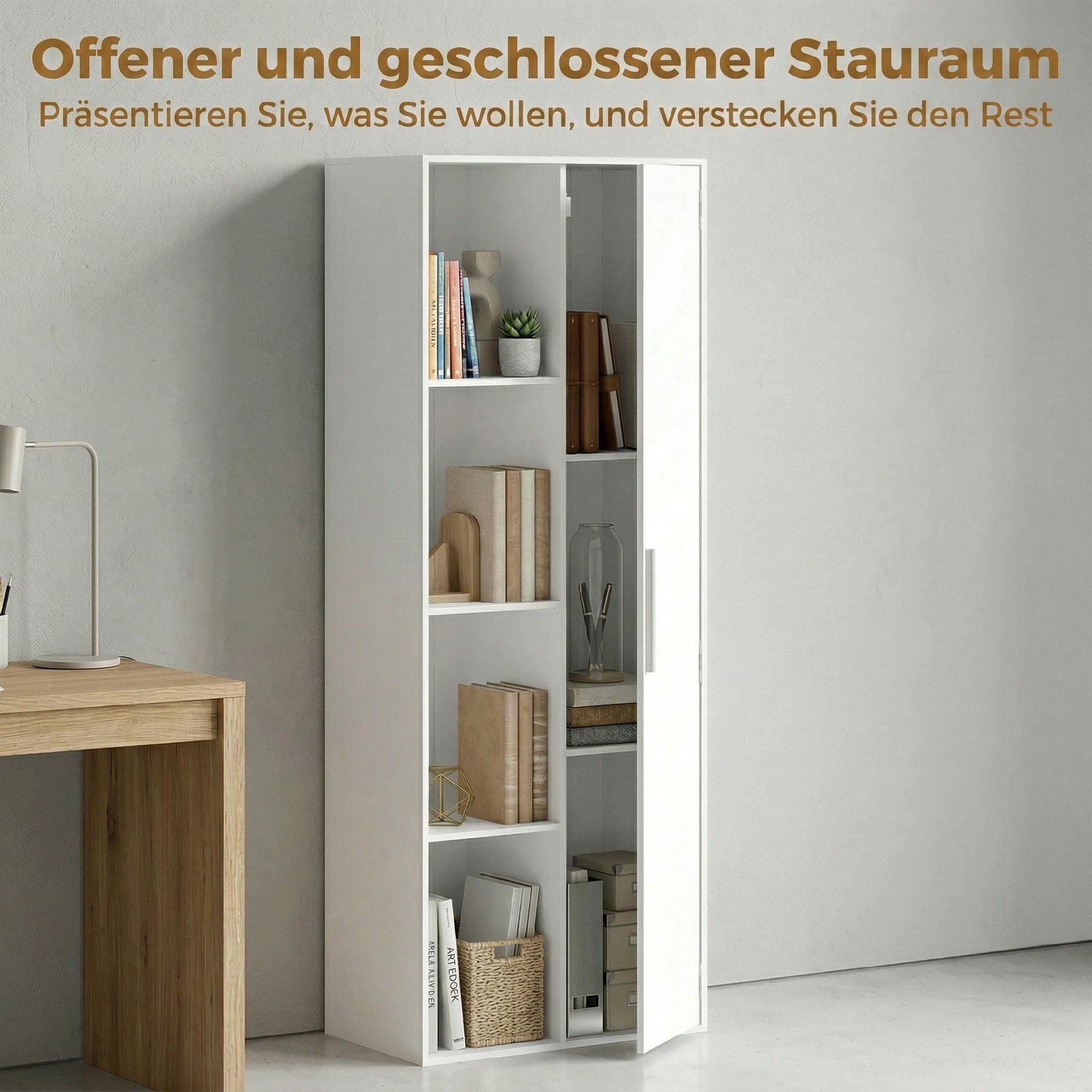 HOMCOM Bücherregal Aktenschrank, 7 Ebenen, Türen, offene Regale, verstellbare Ablagen, Bücherschrank 1-tlg., 60 x 35 x 160 cm für Büro, Wohnzimmer, Schlafzimmer – Bild 4 von 5