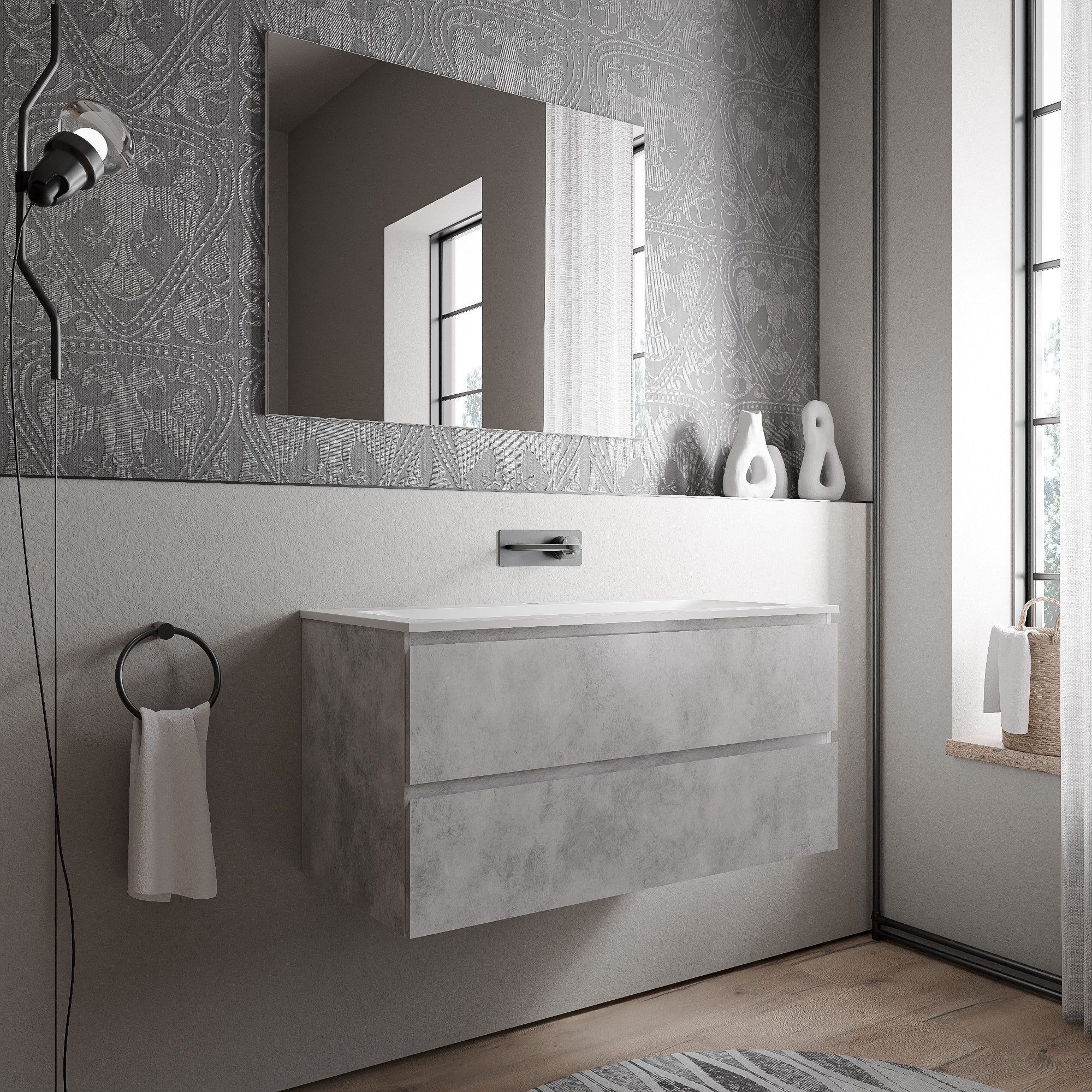 Bernstein Waschbeckenunterschrank AVA Beton 100cm Waschbecken Weiß matt ohne Hahnloch Waschtischunterschrank mit Mineralguss-Waschbecken 2 Schubladen