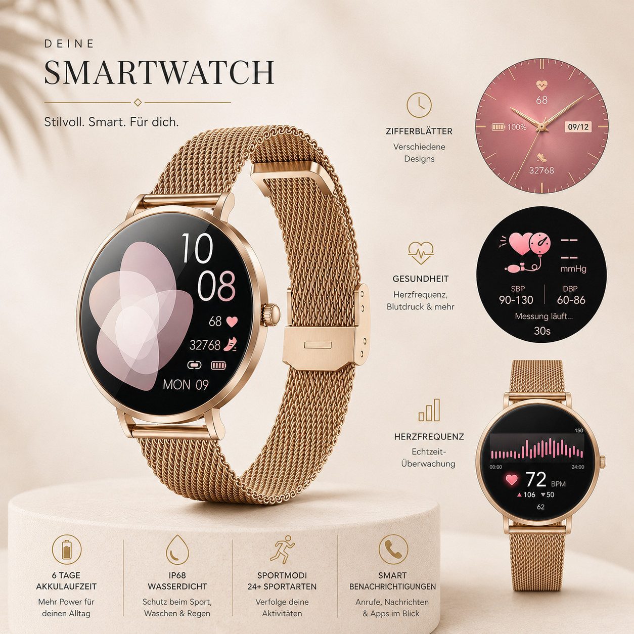 XCOAST SIONA 2 NANO - ultra kleine Damen Smartwatch (3,7 cm/1,19 Zoll, iOS und Android) Filigran, Frauen Armbanduhr, Fitnesstracker, 1-tlg., Fitness Tracker, Da – Bild 5 von 5