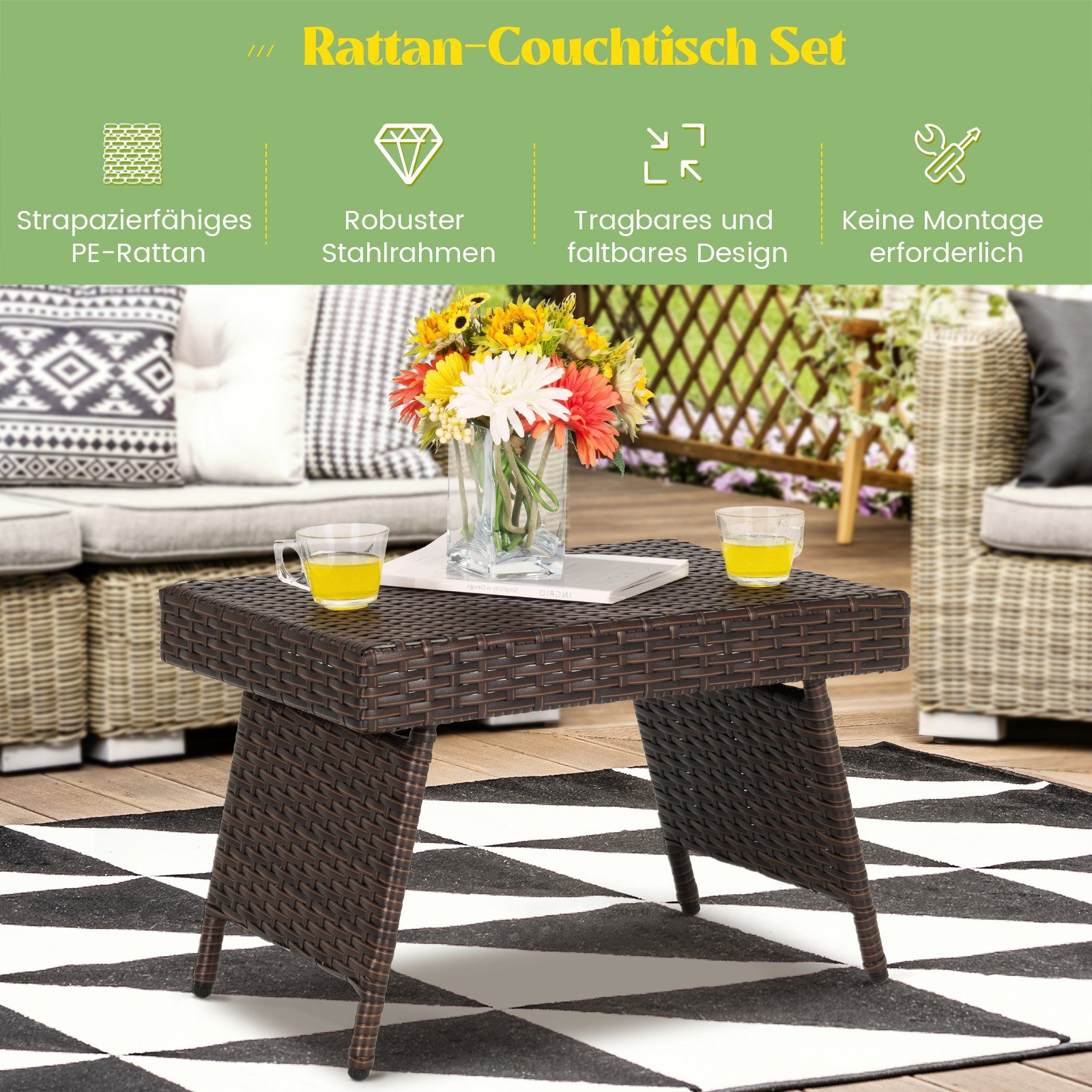 COSTWAY Gartentisch Rattantisch Beistelltisch, klappbar 60x40x40 cm