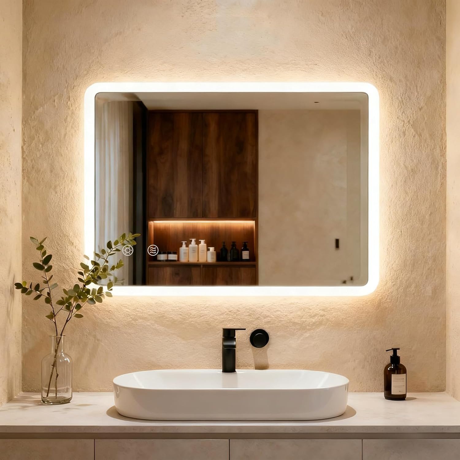TLGREEN Badspiegel mit Beleuchtung,LED Spiegel mit 3 Lichtfarben dimmbar, (gehärtetes Glas und mattierter Rand, Touch-Schalter, Memory-Funktion, beschlagfrei, Badezimmerspiegel mit Licht)