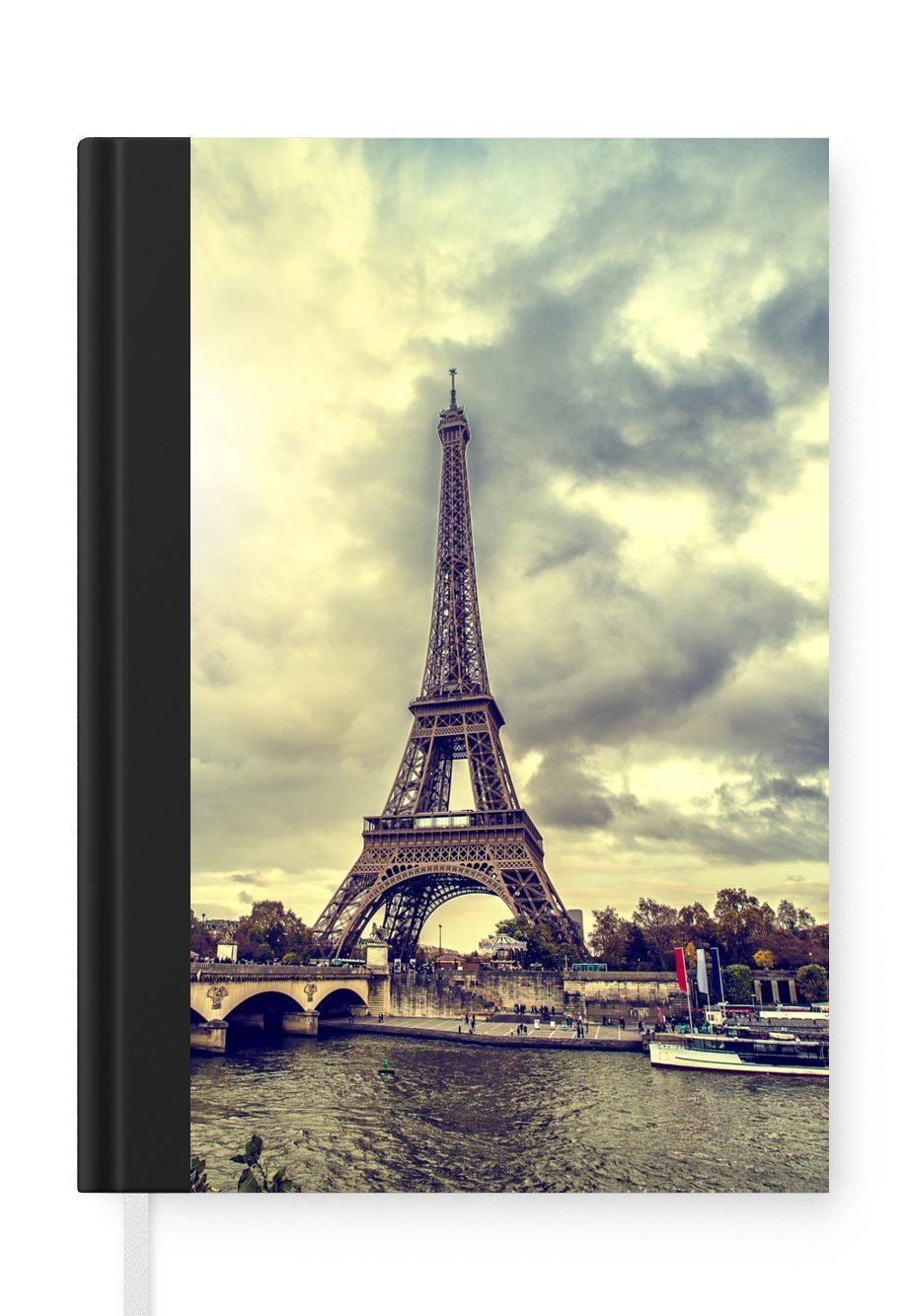 MuchoWow Notizbuch Blick über das Wasser auf den Eiffelturm und Paris, Journal, Merkzettel, Tagebuch, Notizheft, A5, 98 Seiten, Haushaltsbuch