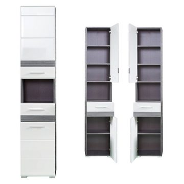 Lomadox Badmöbel-Set ODRA-19, (Spar-Set, 4-St), Badezimmermöbel Weiß Hochglanz mit Sardegna Rauchsilber