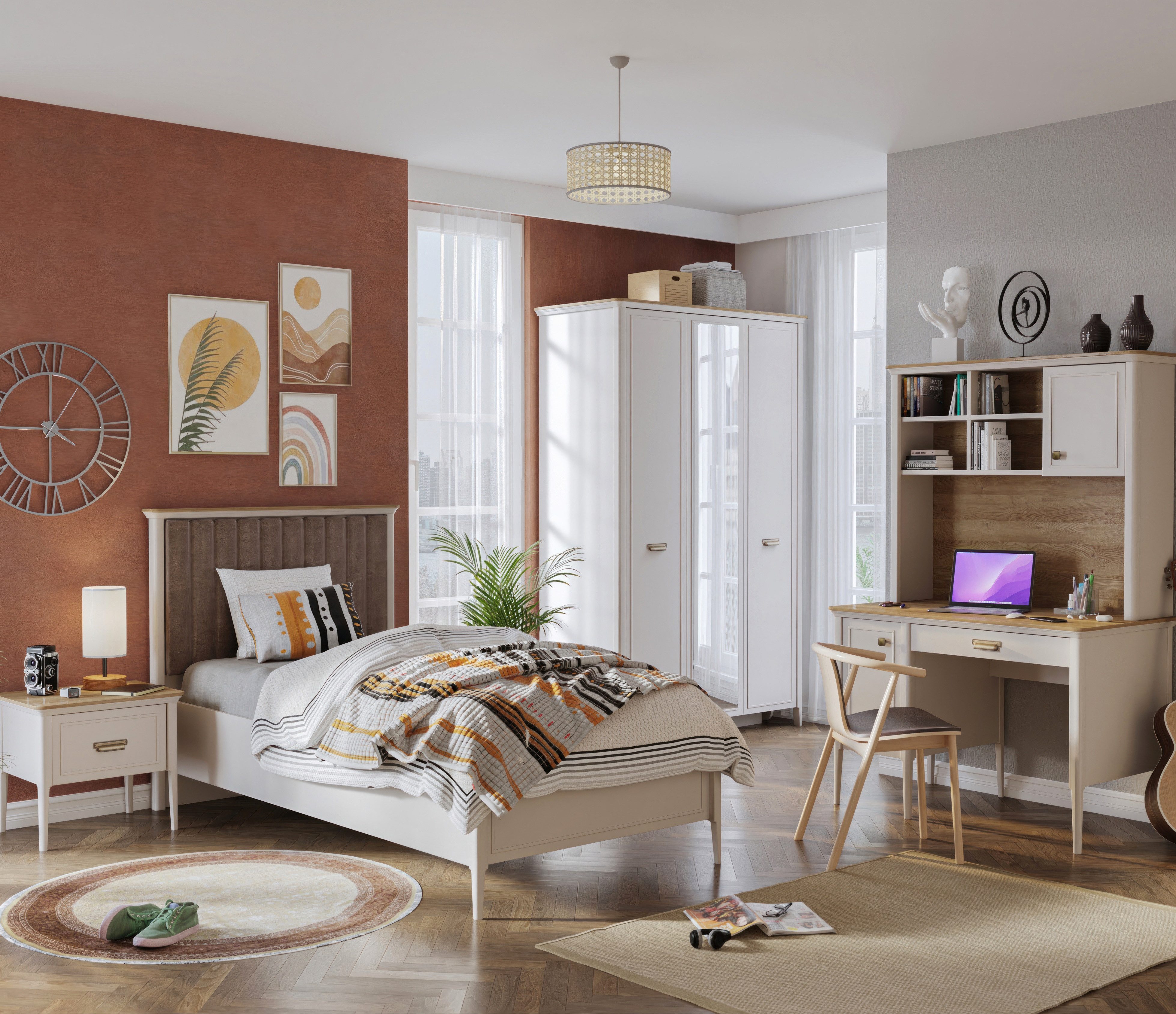 Möbel-Zeit Jugendzimmer-Set MUGLA 5-teilig – Landhausstil Komplettzimmer – Cremeweiß/Natur