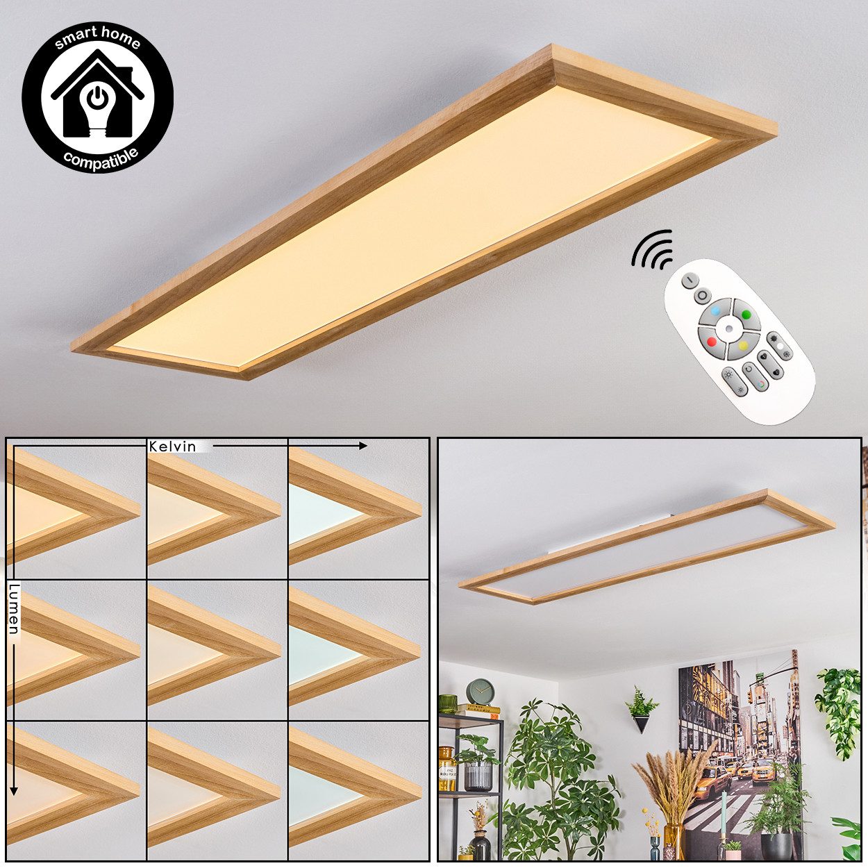 hofstein Panel dimmbare Deckenleuchte aus Metall/Holz/Kunststoff in Weiß/Natur, LED wechselbar, Deckenleuchte Smart Home/App/Fernbedienung, 2700-6500 Kelvin, CCT