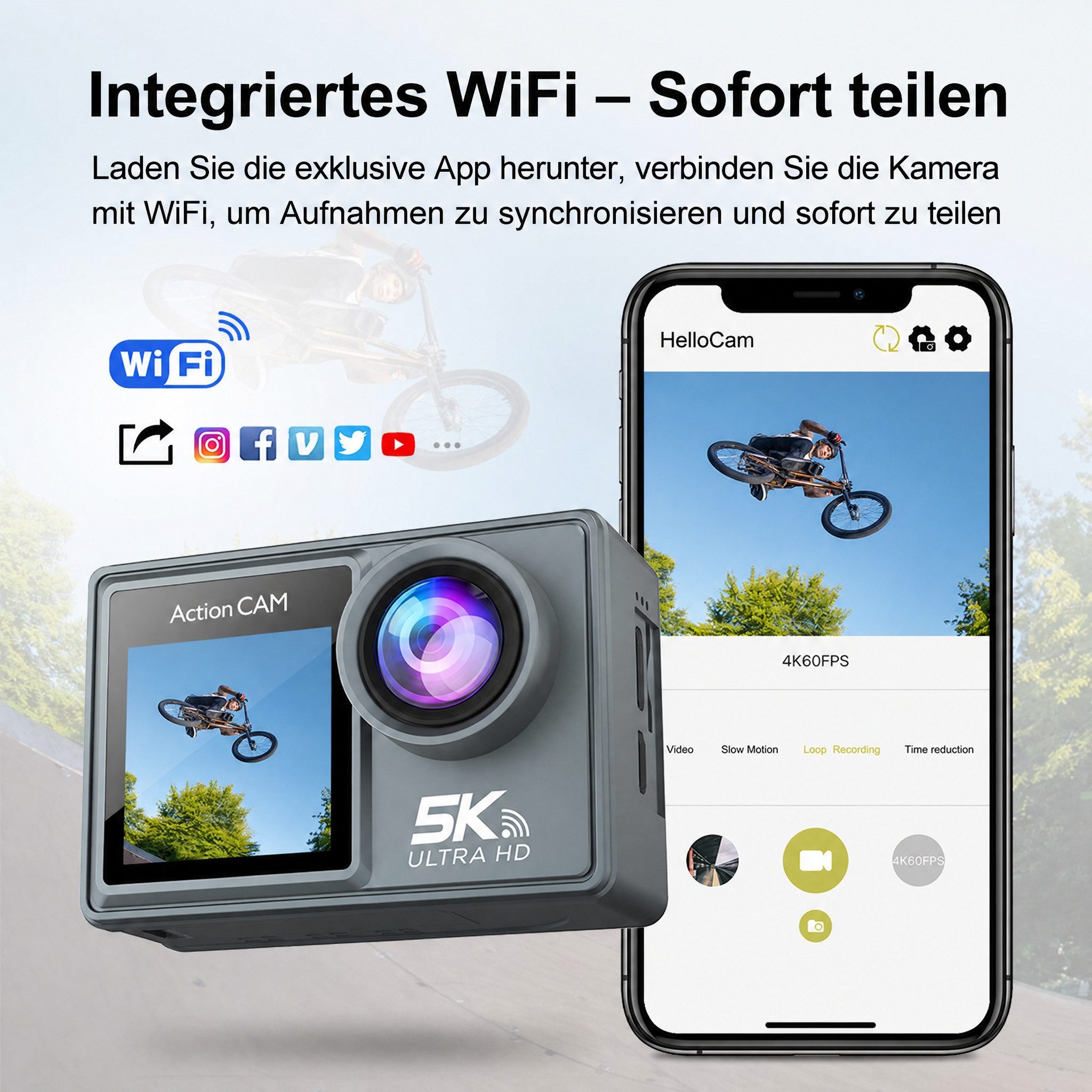 Blossom 5K 50MP Unterwasserkamera 30M Wasserdicht 2 Screen WiFi Sport Kamera Action Cam (WIFI, Action Kamera mit EIS Stabilisierung 4K Bodycam für Outdoor Famil – Bild 5 von 5