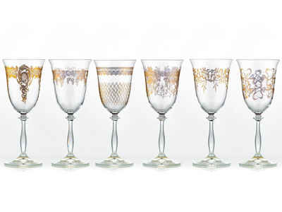 Crystalex Rotweinglas Royal unterschiedliche Ornamenten Gold Rotweingläser 350 ml 6er Set, Kristallglas, pantografie
