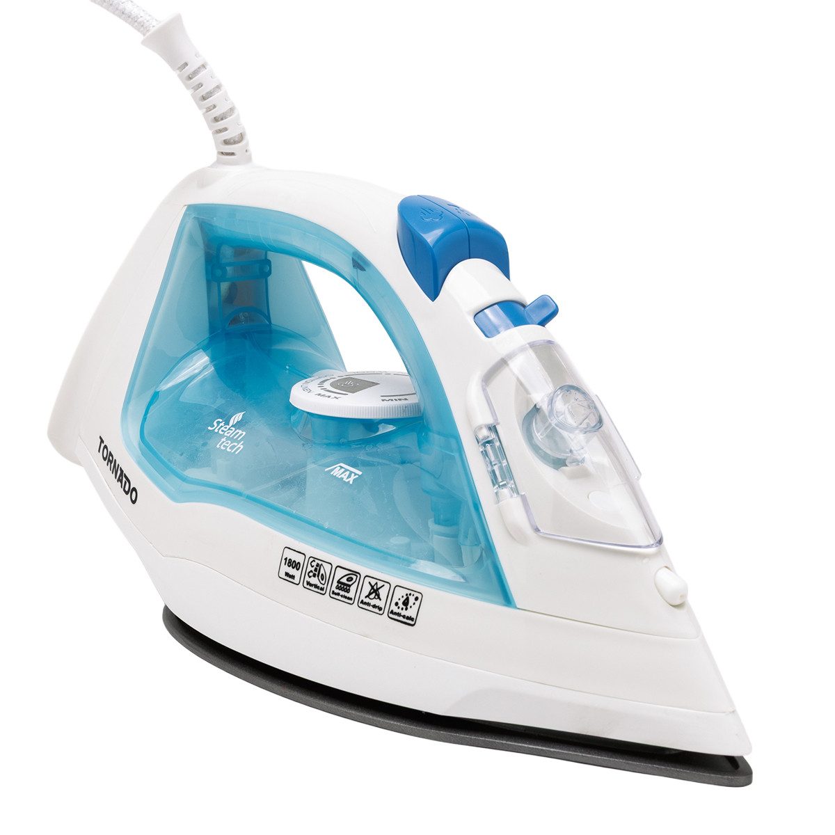 Tornado Dampfbügeleisen Dampfbügeleisen 1800W, Teflon-Bügelsohle, 300ml Tank, Blau-Weiß