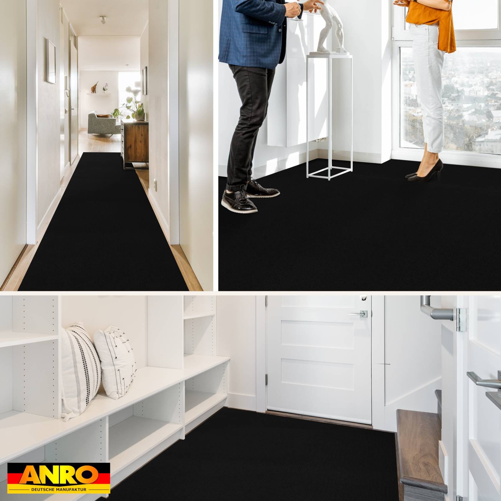 ANRO Teppich YULA Messeteppich Meterware Eventteppich Rips zuschneidbar Bfl-S1, Rechteckig, Höhe: 3 mm, schwer entflammbar Läufer 100x133cm Uni Schwarz