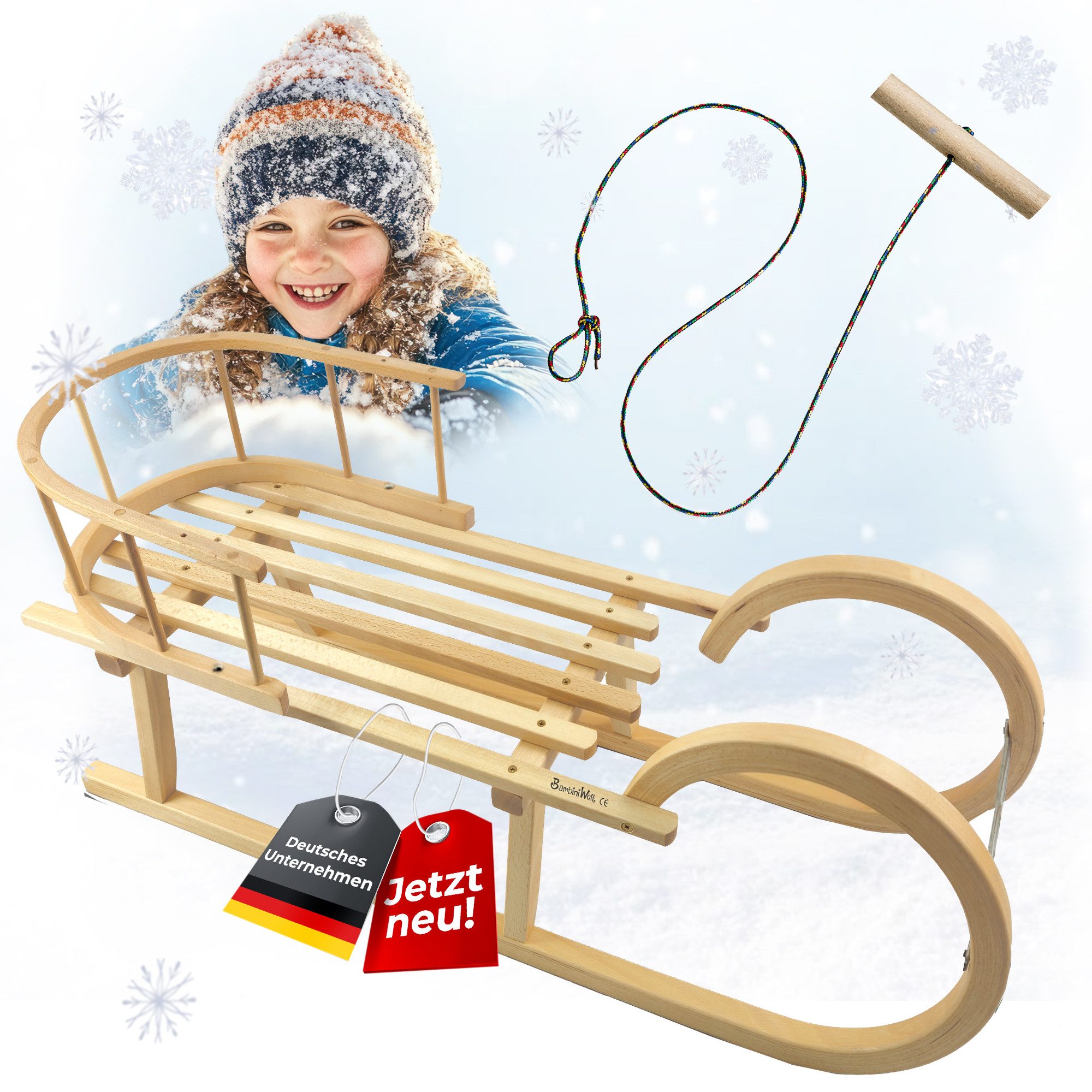 BambiniWelt by Rafael K. Санки CE-Hörnerrodel CE-Holzschlitten Hornschlitten mit Rückenlehne + Seil