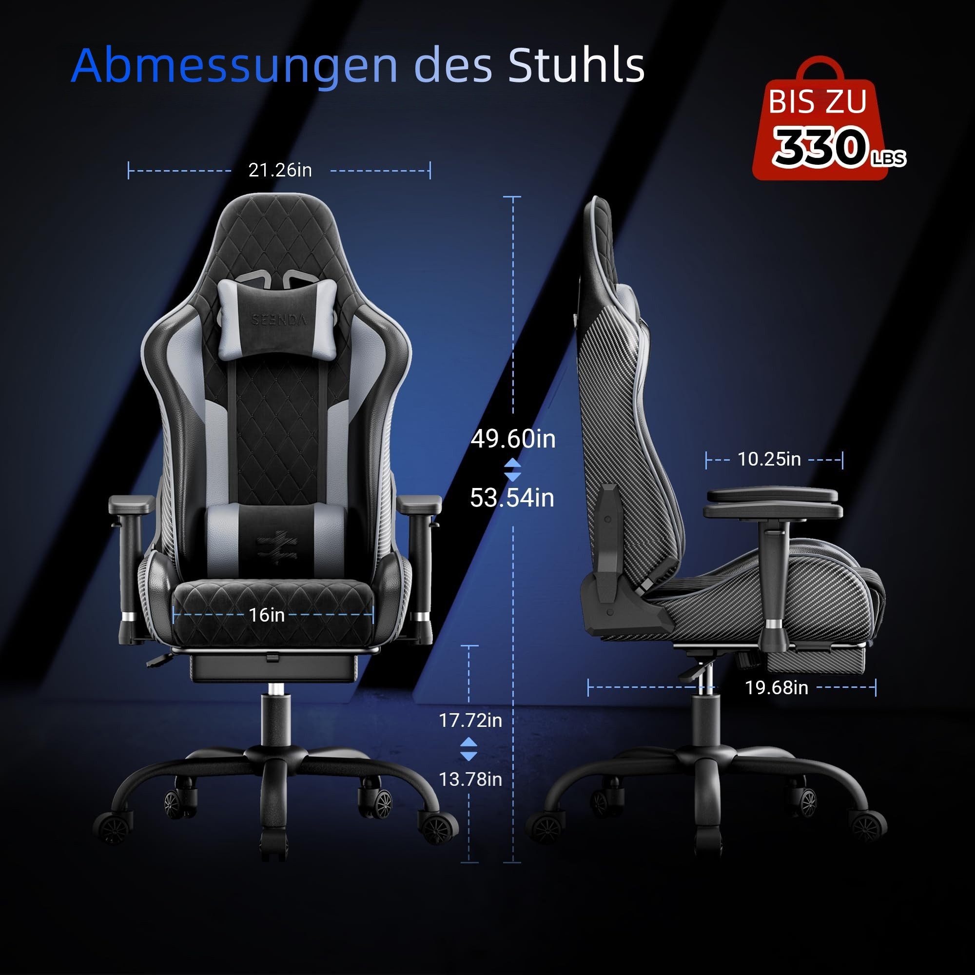 Seenda Gaming-Stuhl Ergonomischer Bürostuhl Gaming-Stuhl Vollmetall-Rahmen bis 150 kg, 110°-Krümmung, verstellbare Kissen, 145° Neigung + Fußstütze