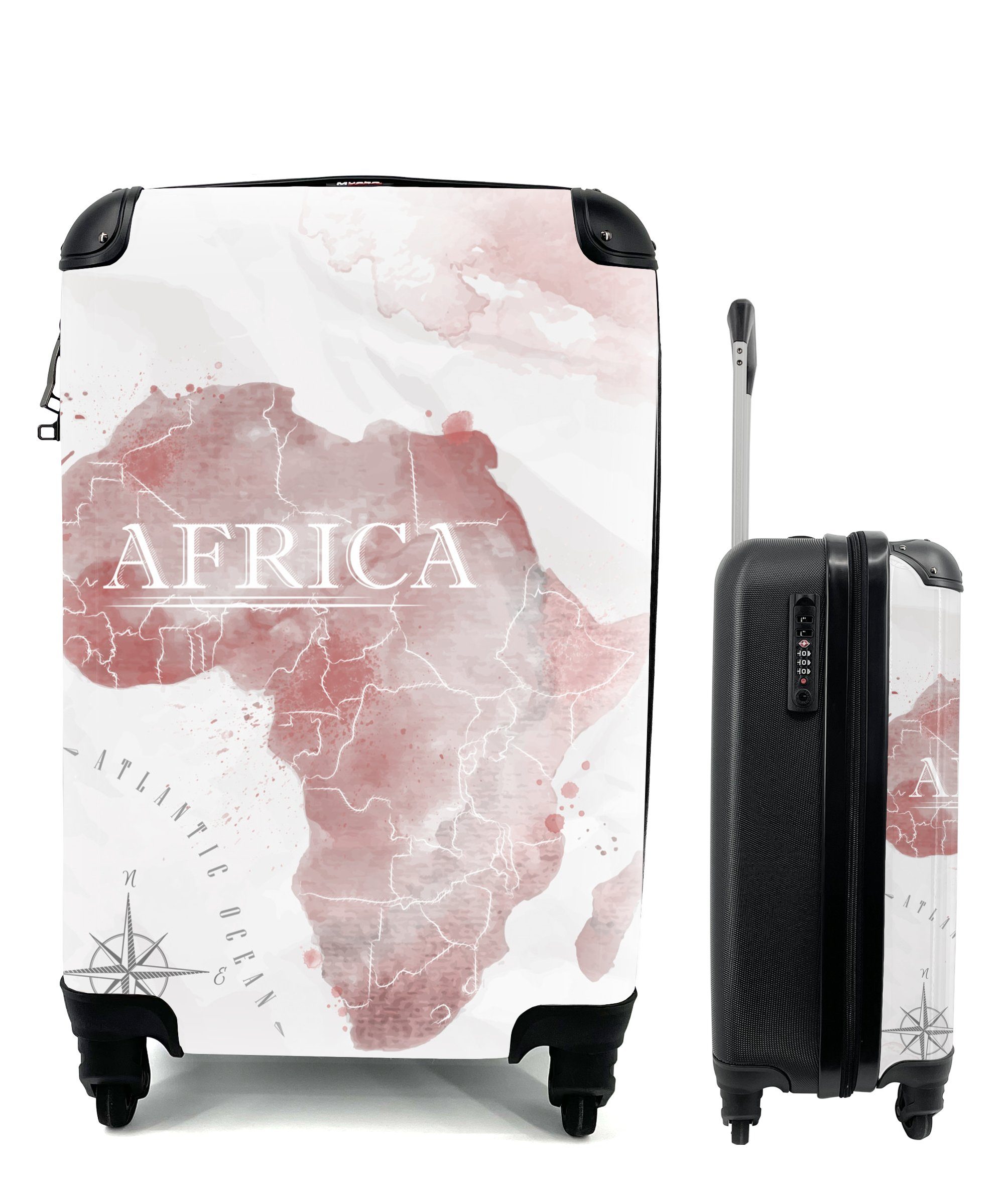 - - Reisetasche MuchoWow 4 - für rollen, Rollen, Reisekoffer Handgepäckkoffer Trolley, Karte Afrika Handgepäck Aquarell Kompass, Ferien, mit
