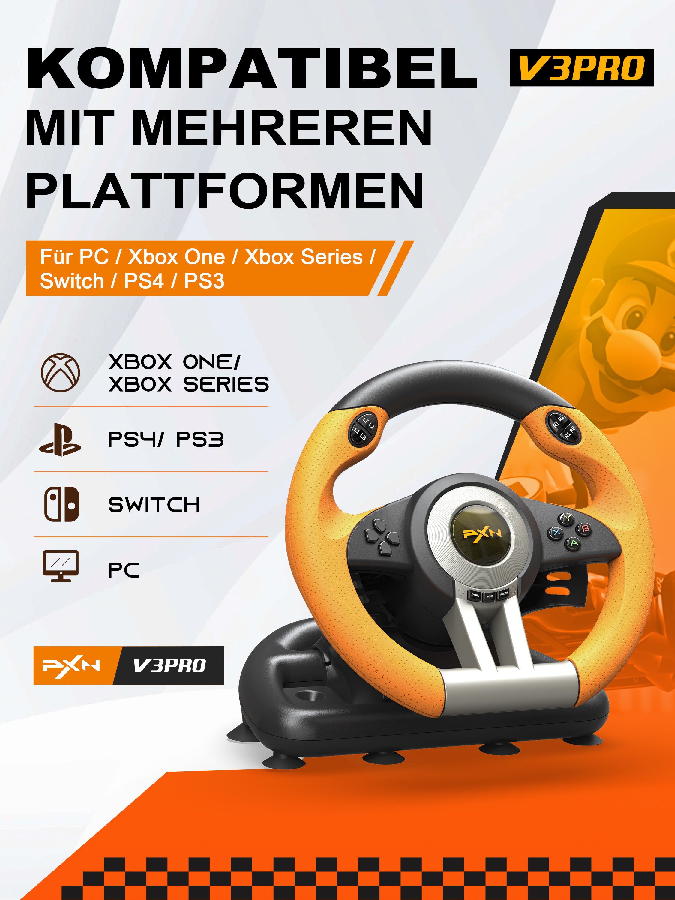 PXN V3 Pro Gaming-Rennlenkrad mit Pedalen, Dual-Motor-Vibration Gaming-Lenkrad (kompatibel mit PC, PS3, PS4, Xbox & Nintendo Switch)