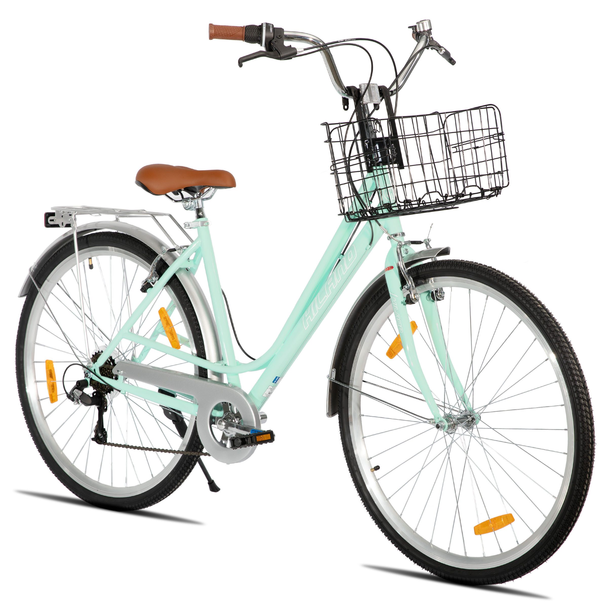 HILAND Cityrad 28 Zoll City Fahrrad für Erwachsene Männer und Frauen, 7-Gang, Doppelte V-Bremsen, mit korb, Schutzblechen, Gepäckträger