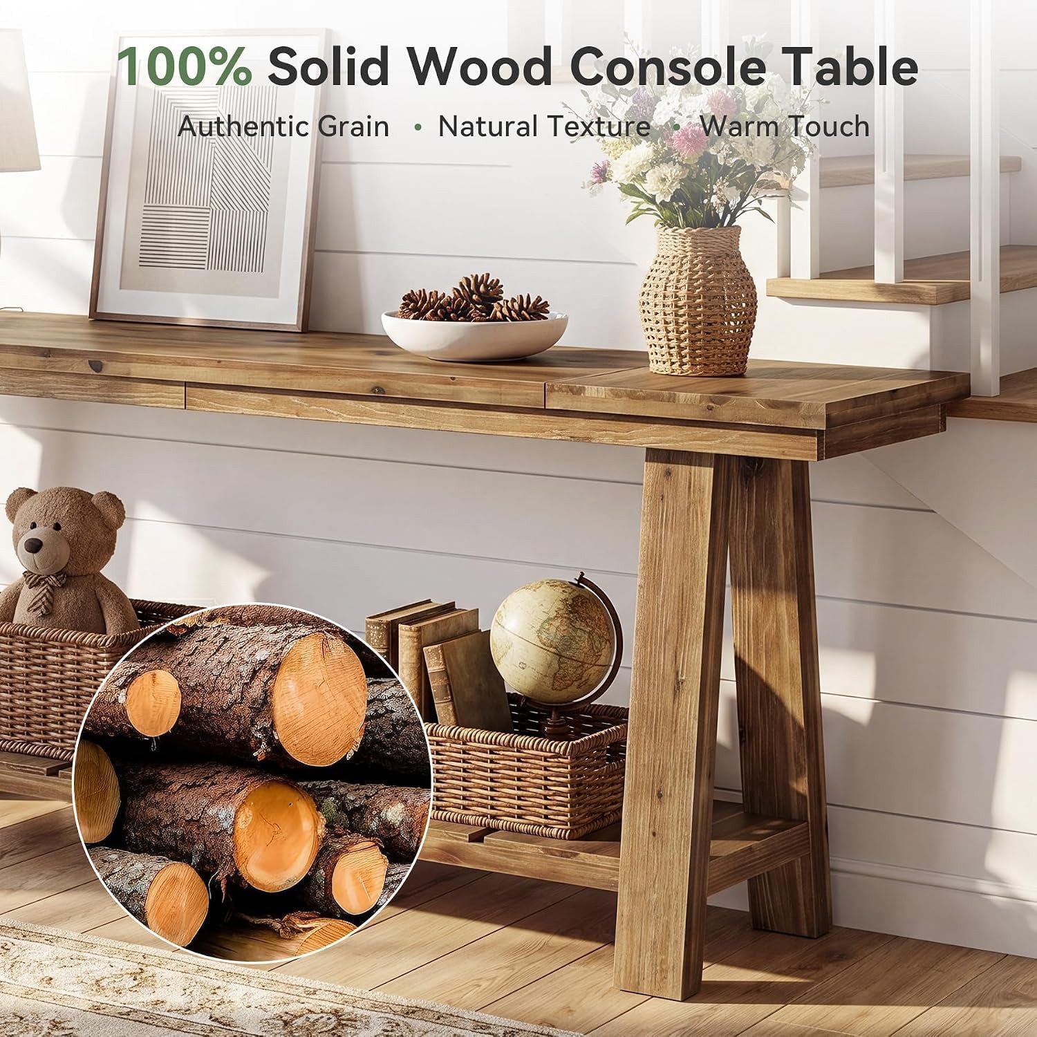Tribesigns Konsolentisch Konsolentisch 200 cm Massivholz schmal 2-stufig A-Gestell Landhausstil – Bild 5 von 5