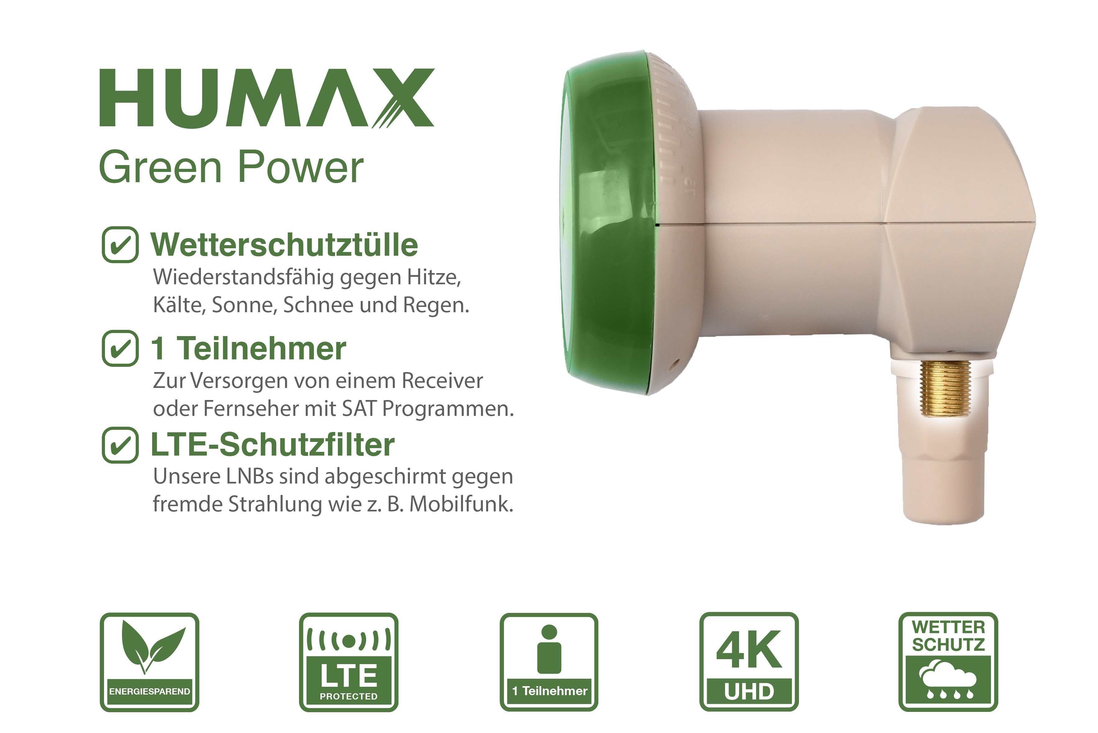 Humax Green Power Single LNB 313, stromsparend Universal-Single-LNB (für 1 Teilnehmer, Umweltfreundliche Verpackung, LTE Filter)