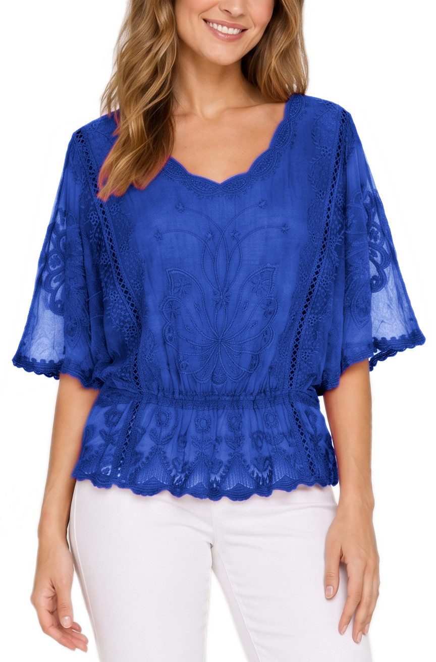 dy_mode Spitzenbluse Damen Sommerbluse mit Spitze Kurzarm Oberteil Einfarbig Transparent in Unifarbe, transparenten Ärmel