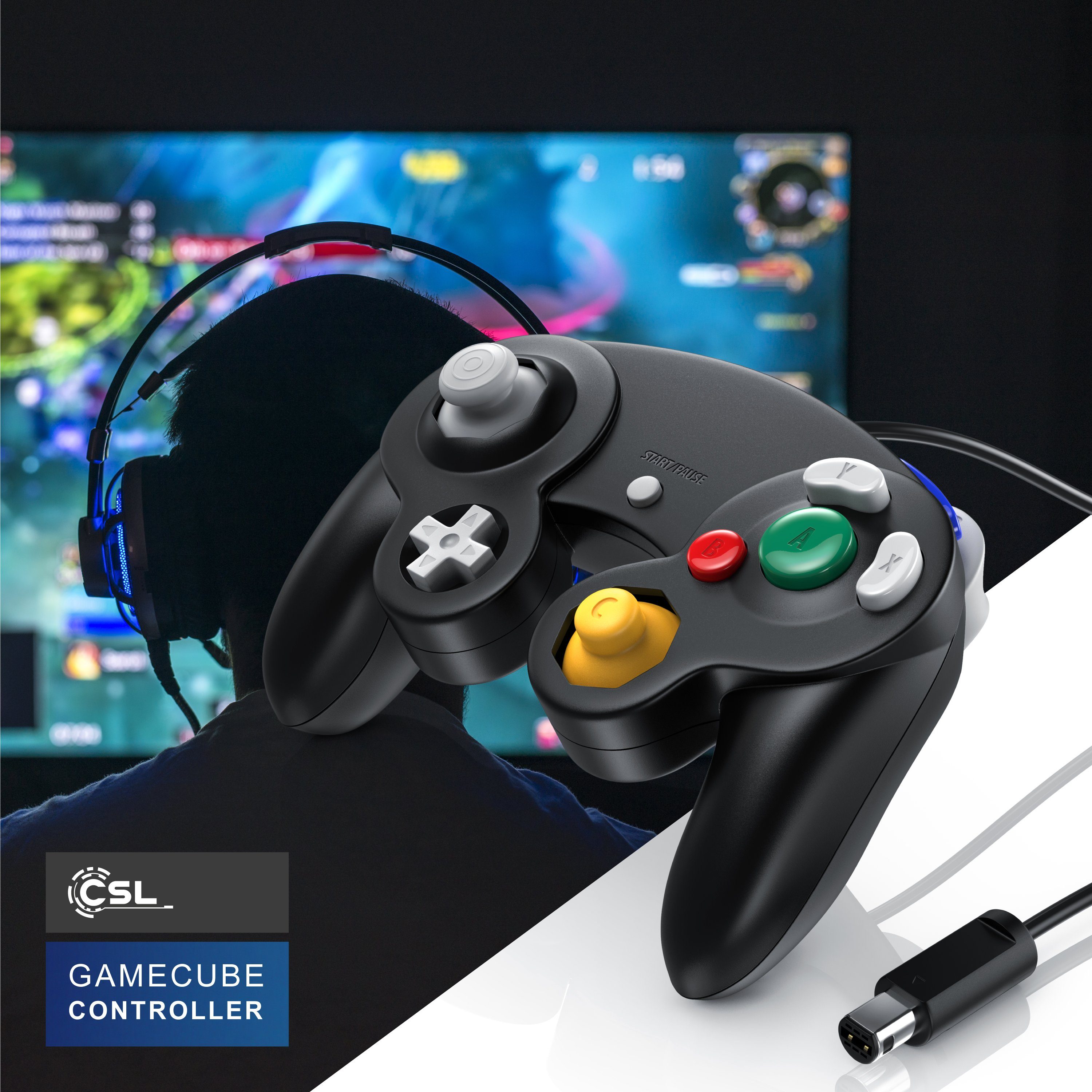CSL Gamepad/ Joypad für Nintendo GameCube, Wii und Wii U, 1,5m Kabellänge Nintendo-Controller (1 St., Vibrationseffekt 5 Tasten 2 Analogtrigger, Steuerkreuz, Funktionstaste)