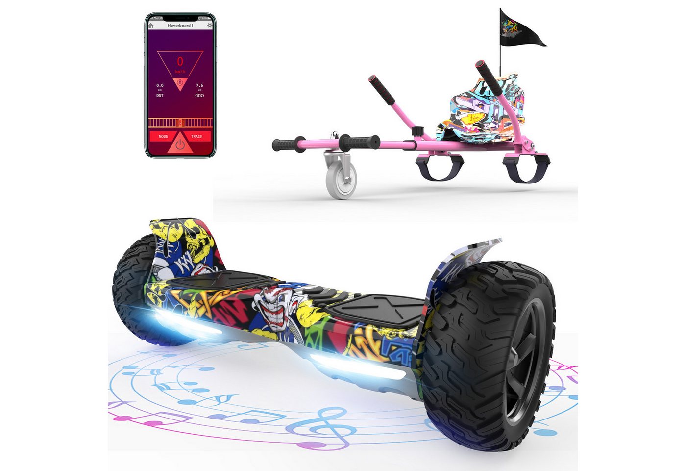 RCB Balance Scooter Kart Set, 8,5'' Off-Road SUV Hoverboard mit Sitz, Go-Kart, APP, Bluetooth