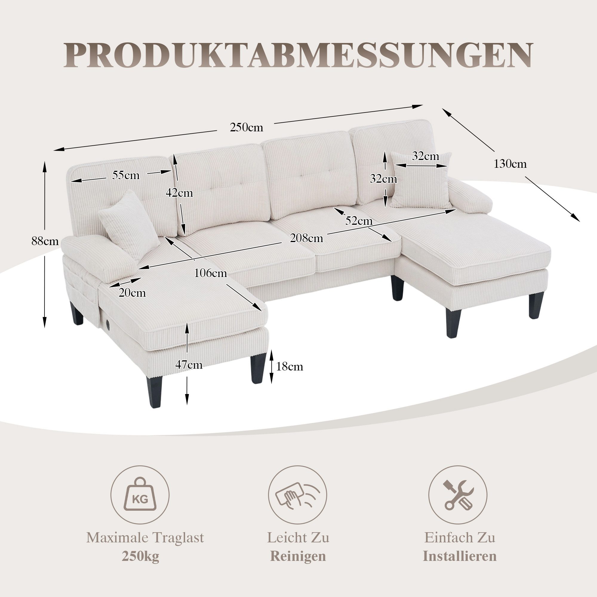 LVHOM Loungesofa U-Form, 4-6 Personen, stabile Holzbeine, stabil und belastbar, Hochwertiger Stoff, zwei Chaiselongues+ ein Doppelsofa, zwei Zierkissen, Seitentaschen, Ladeanschluss, bis 250kg, für Wohnzimmer,Schlafzimmer,Spielzimmer,Büro,Hotel