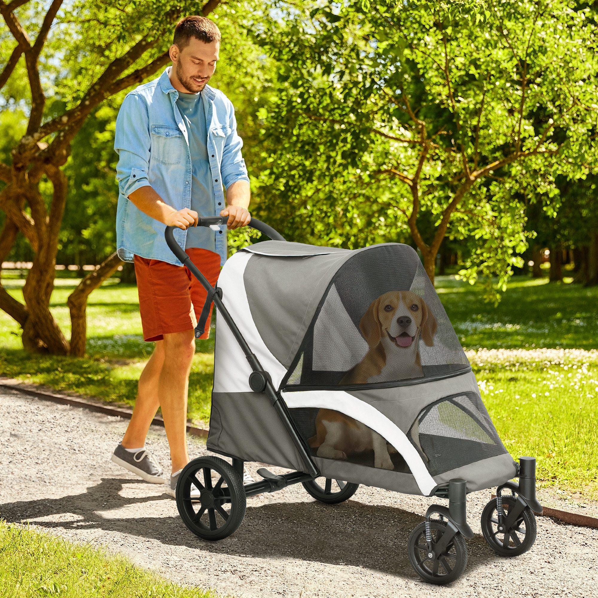 PawHut Hundebuggy Hundewagen klappbar mit Kissen Buggy, (Katzenwagen, 1-tlg), für mittelgroße Hunde & Katzen bis 25 kg, Dunkelgrau